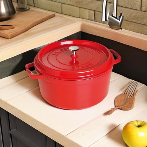 Staub 7-Quart Round Cast Iron Cocotte Dutch Oven - Cherry Red, Made in France | Perfect for Braising, Stewing & Slow Cooking Soups, Bread Baking