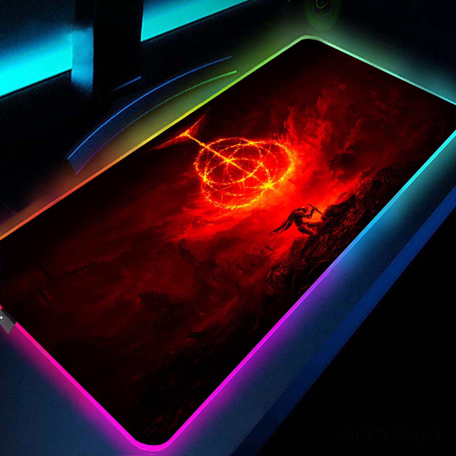 Red Magic Flame Gaming Mouse Pad - RGB LED Desk Mat for PC & Keyboard (19.7x47.2in)