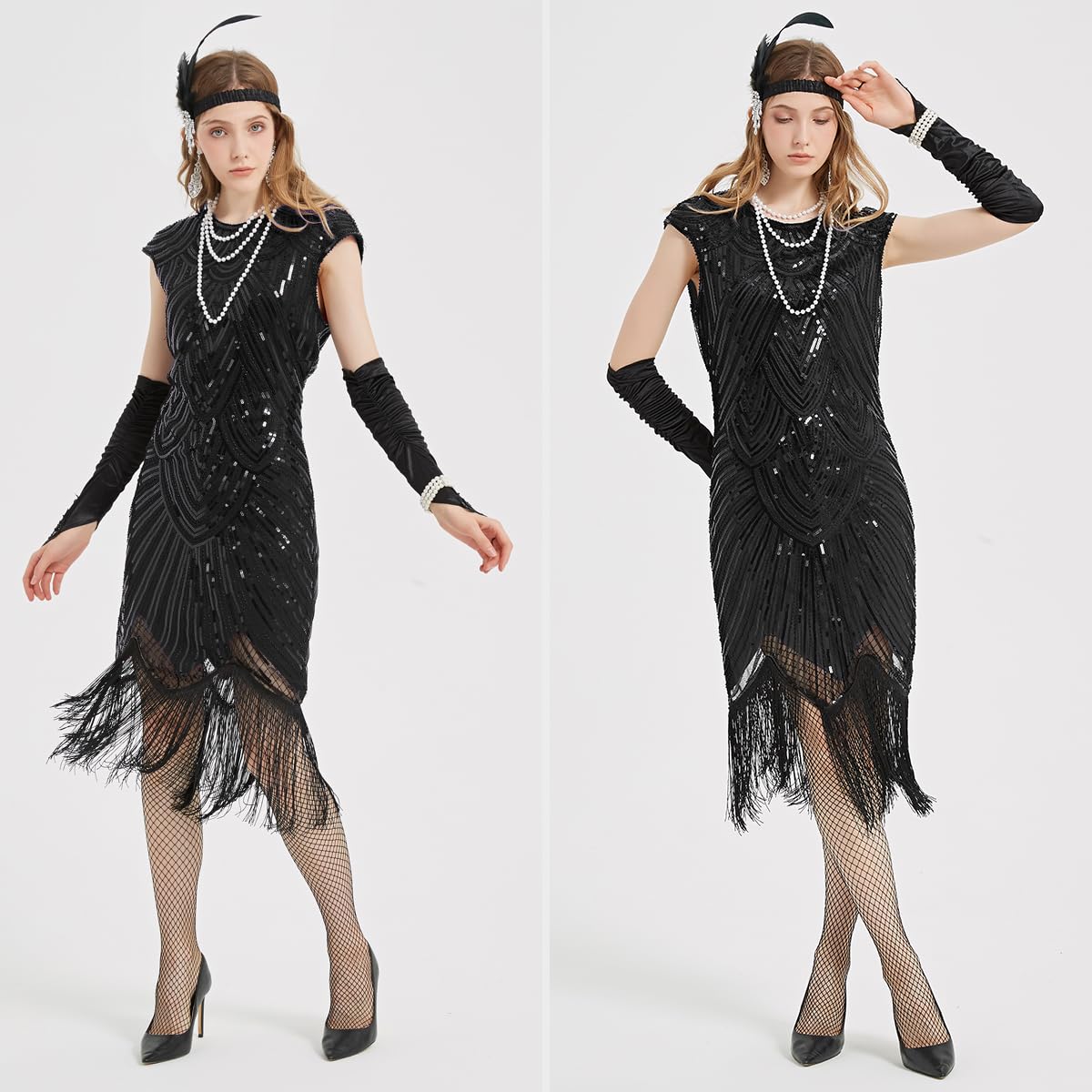 1920s Flapper Dress for Women - Vintage Sequin Lace Fringed Cocktail Dress with 20s Accessories Set | Great Gatsby Party, Roaring 20s Theme, Halloween Costume & Vintage Dance Outfit