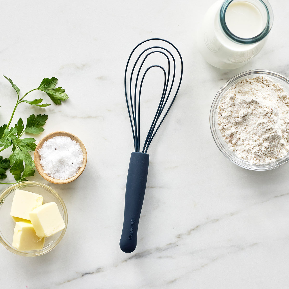 Premium Silicone Flat Whisk - Non-Slip Grip, Heat Resistant Kitchen Tool for Baking, Mixing & Cooking (Oxford Blue) - Perfect for Cakes, Sauces, Eggs & More