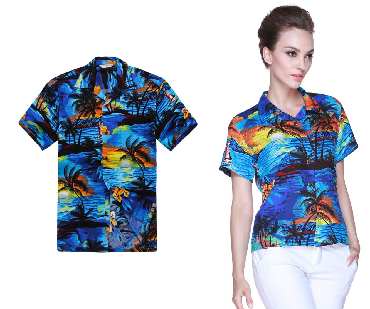 Matching Hawaiian Luau Outfits for Couples - Sunset Blue Aloha Shirts | Tropical Beach Vacation, Summer Party & Honeymoon Outfits
