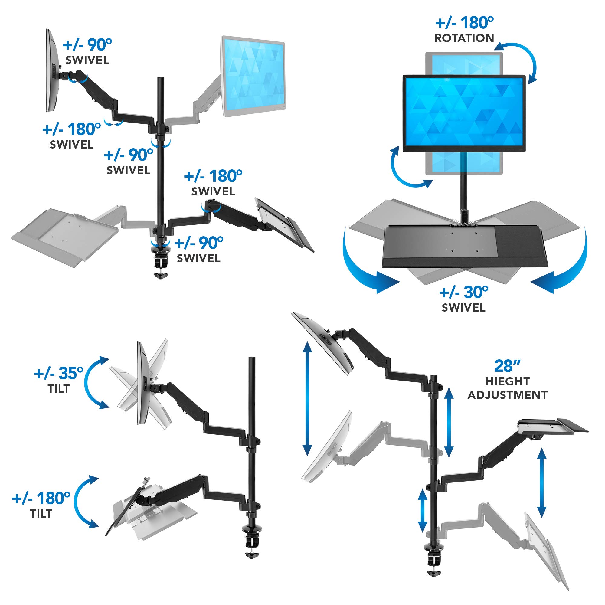 MOUNT-IT! Adjustable Standing Desk Monitor Mount for 32 Inch Screens - Full Motion Articulating Arm with Keyboard Tray & Cable Management - Ergonomic Black Workstation Solution for Home Office, Gaming & Productivity Setup