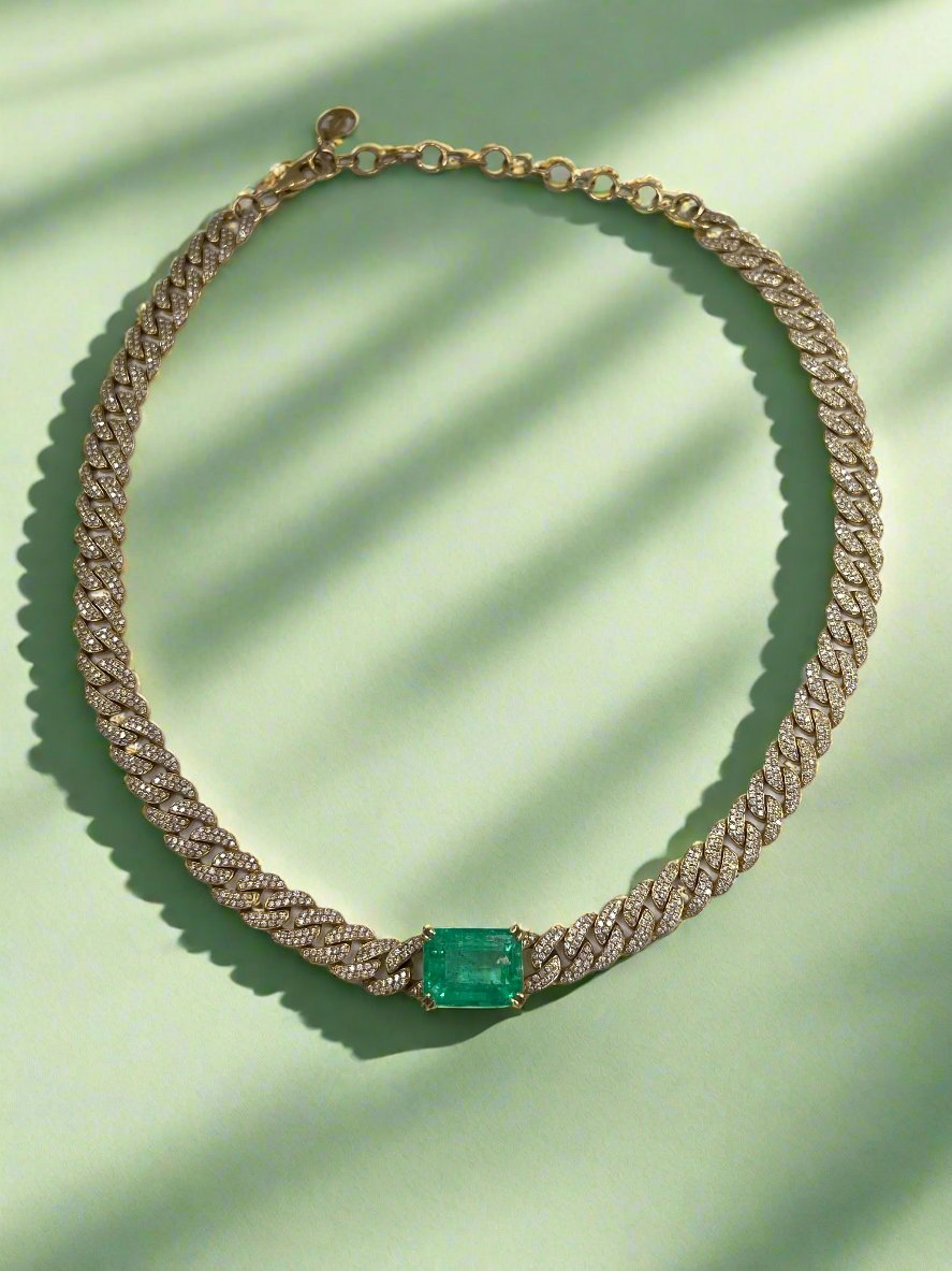 17.46tcw Colombian Emerald & Diamond Iced Out Choker Cuban Link Necklace in 18K Gold - Luxury Hip Hop Jewelry for Women, Perfect for Parties, Weddings & Special Occasions