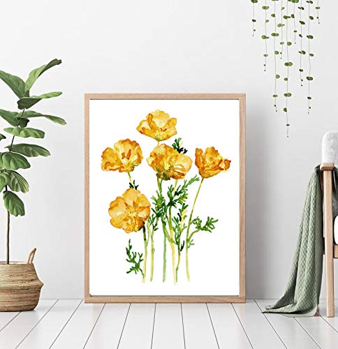 California Poppy Flower Yellow Orange Watercolor Painting Print - Botanical Wall Art Decor for Living Room, Bedroom & Office