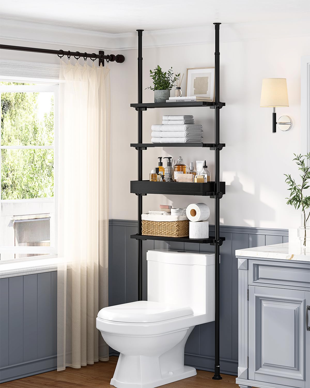 ALLZONE 4-Tier Over The Toilet Storage Shelf - Adjustable Wood Bathroom Organizer Cabinet for Small Spaces (92