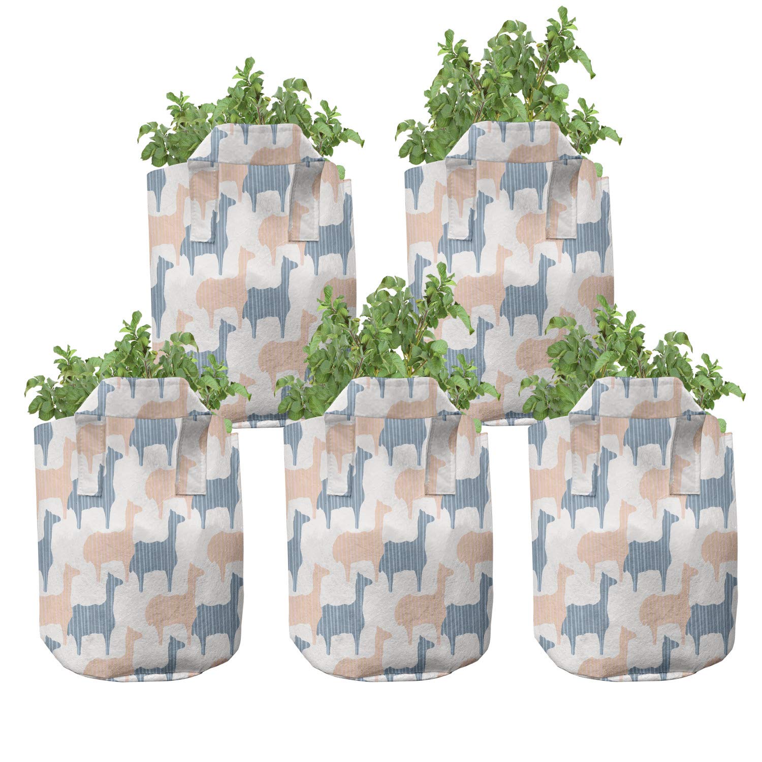 Ambesonne 5-Pack Heavy Duty Fabric Grow Bags with Handles - Colorful Llama Silhouette Design in Eggshell Peach & Slate Blue - Durable Plant Pots for Indoor/Outdoor Gardening, Herbs, Vegetables & Flowers