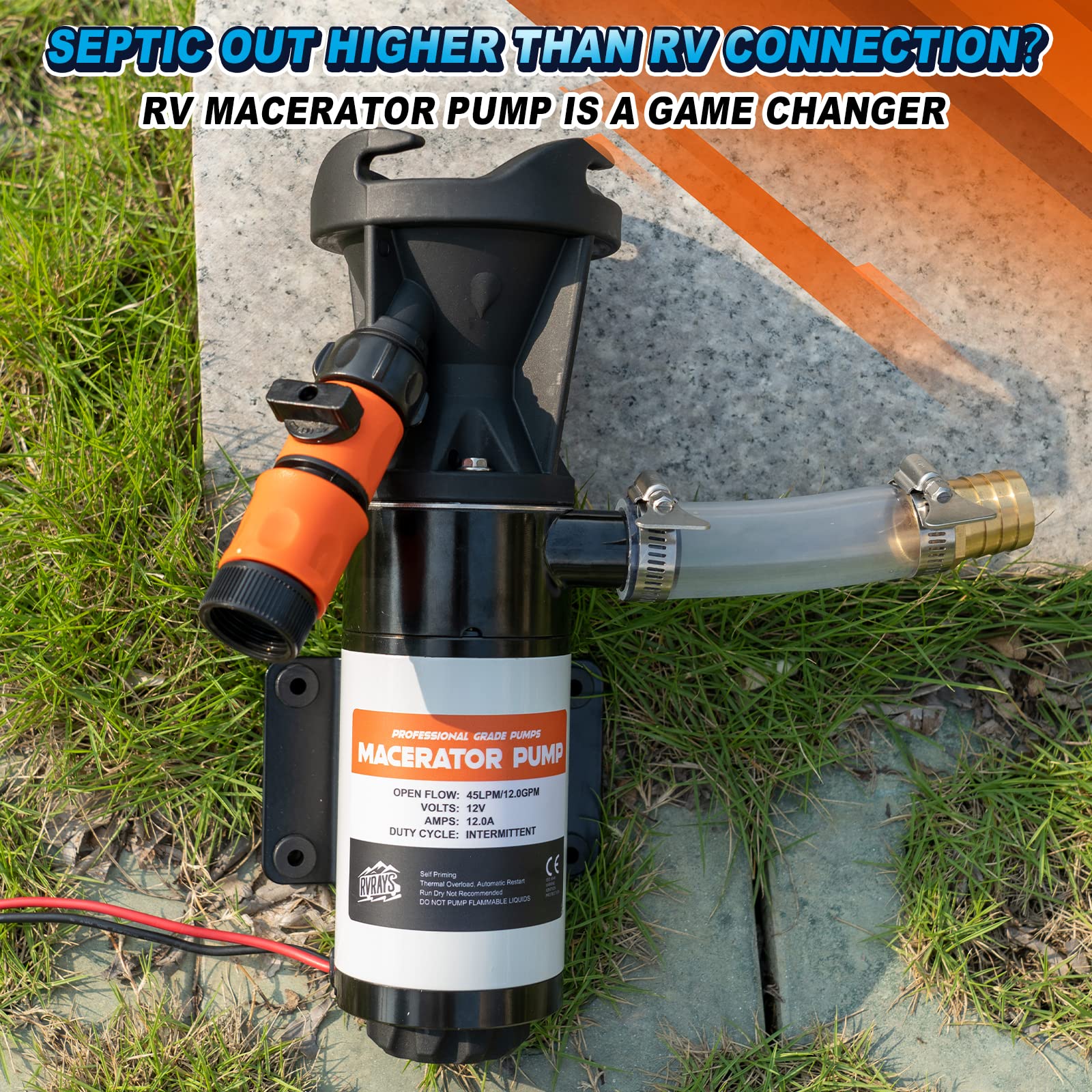 12V RV Macerator Pump - 12GPM Self-Priming Sewage Chopper Pump with Portable Storage Bag | RV Waste Water Management System for Easy Dumping & Camping Sanitation | Perfect for RV Toilets, Black Tanks & Marine Applications
