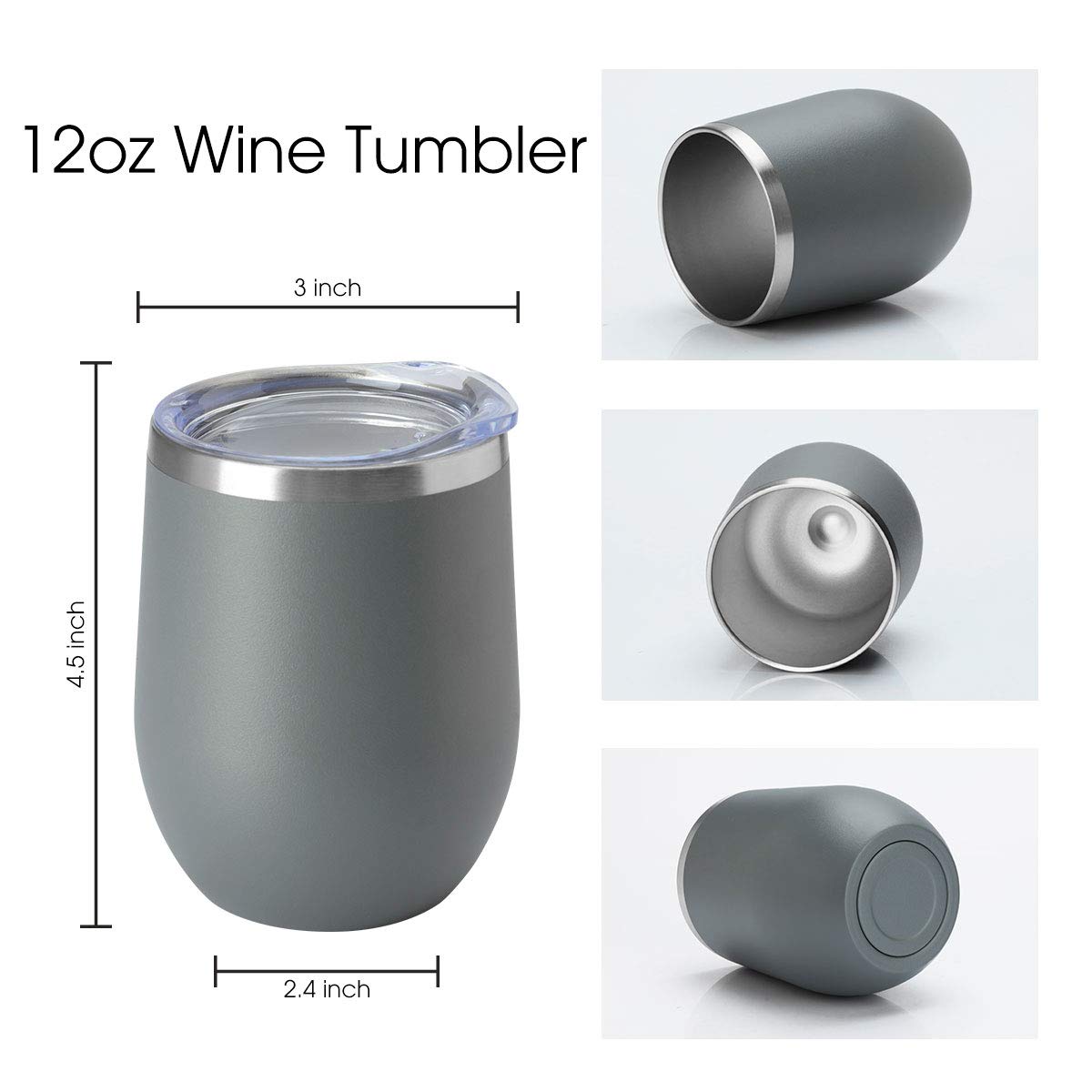 HASLE OUTFITTERS 12oz Stainless Steel Wine Tumbler with Lid - Double Wall Vacuum Insulated Stemless Wine Glass for Hot & Cold Drinks - Travel Mug for Coffee, Cocktails, Beer - Set of 6 (Grey) - Perfect for Camping, Picnics, Office & Outdoor Adventures