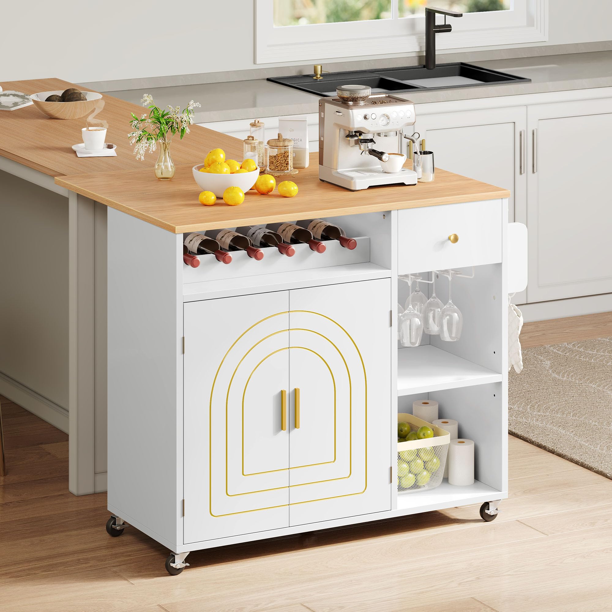 YITAHOME White & Oak Kitchen Island with Folding Drop Leaf - Rolling Kitchen Cart with 2 Gilded Cabinet Doors, Drawer, Open Shelves, Wine Spice Rack & Cup Hangers - Perfect for Small Kitchens, Dining Rooms & Entertaining Spaces