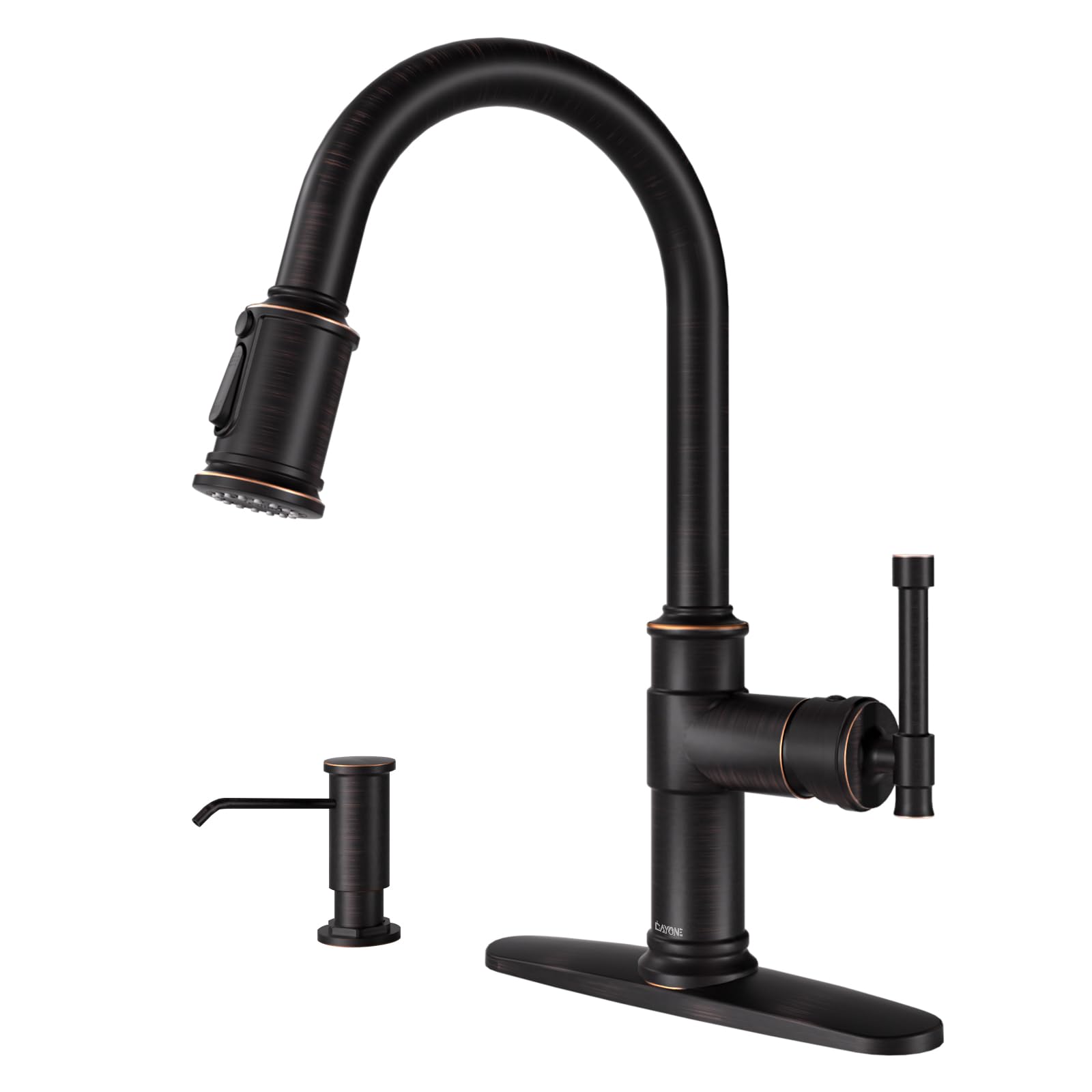 DAYONE Antique Oil Rubbed Bronze Pull Down Kitchen Faucet with Soap Dispenser - 3 Mode Sprayer, Single Handle High Arc Farmhouse Sink Faucet (DAY-APS136-ORB) - Perfect for Modern Farmhouse, Rustic, and Vintage Style Kitchens