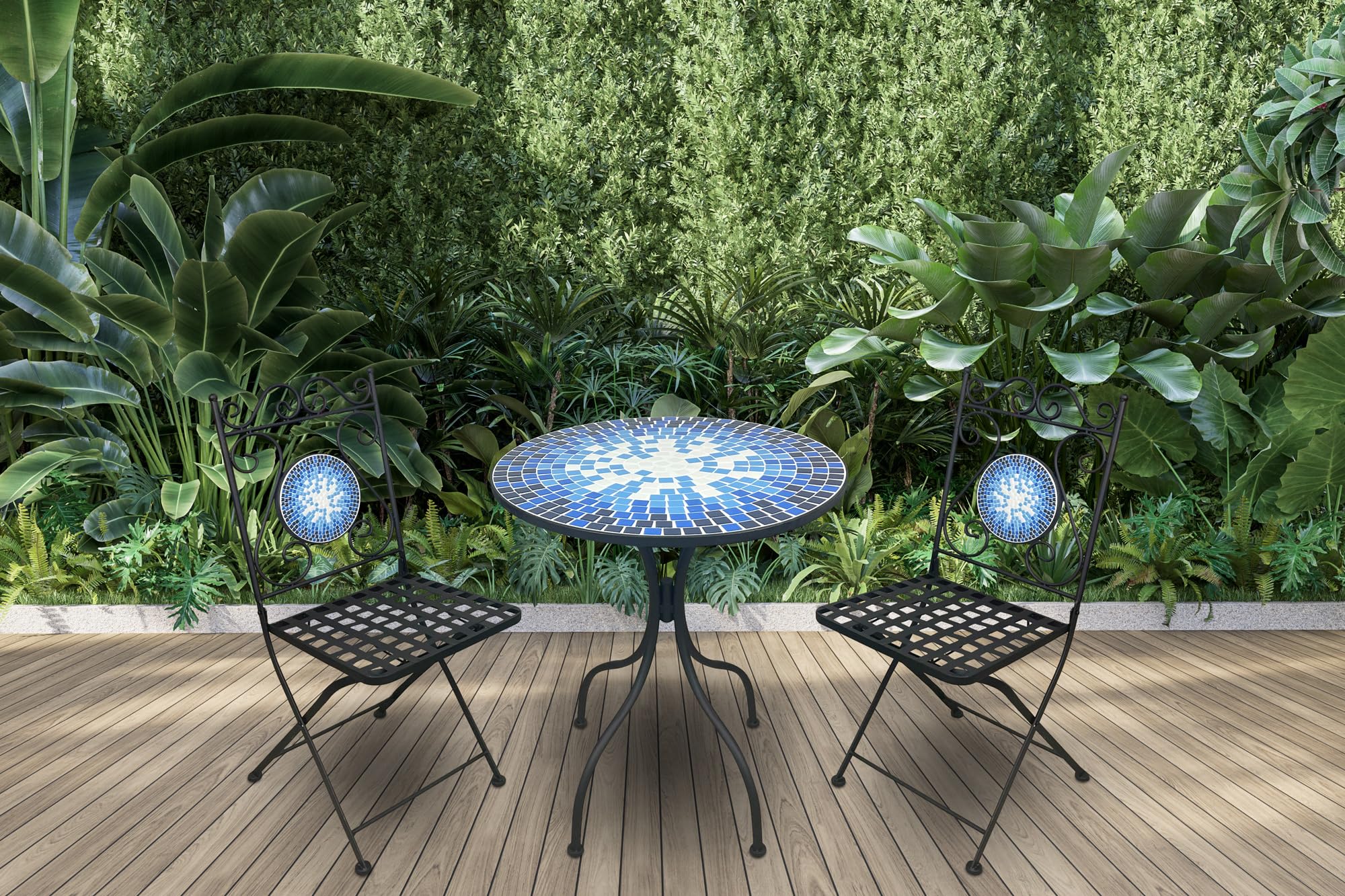 Outdoor Bistro Table Set with 2 Chairs - Ceramic Mosaic Folding Patio Furniture for Garden, Terrace, Bars & Restaurants | Perfect for Alfresco Dining, Coffee Breaks & Outdoor Entertaining