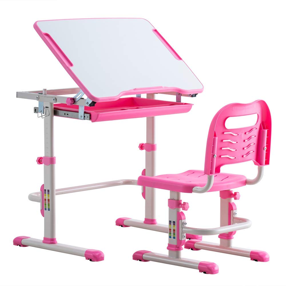 Adjustable Kids Desk and Chair Set - Ergonomic Study Table with Tilting Surface, Pull-Out Drawer & Pencil Case Storage - Interactive Learning Workstation for Children (Pink) - Perfect for Homeschooling, Online Classes & Creative Activities