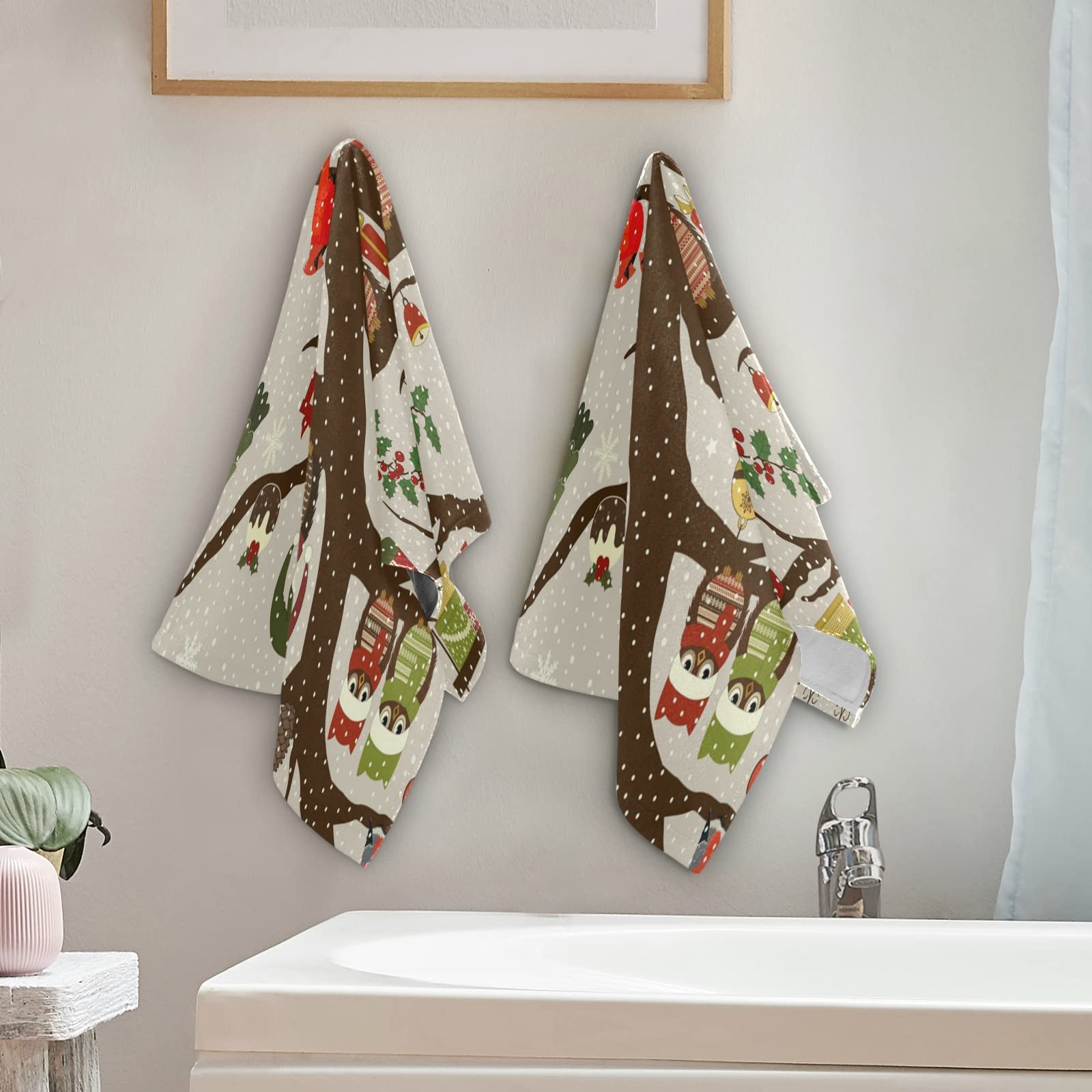VIGTRO Winter Tree Owl Kitchen Hand Towels 2 Pack - Ultra Soft & Absorbent Cute Bird Snowflake Decorative Fingertip Towels for Home, Bathroom, Hotel - Perfect for Holiday Decor & Cozy Kitchen Use