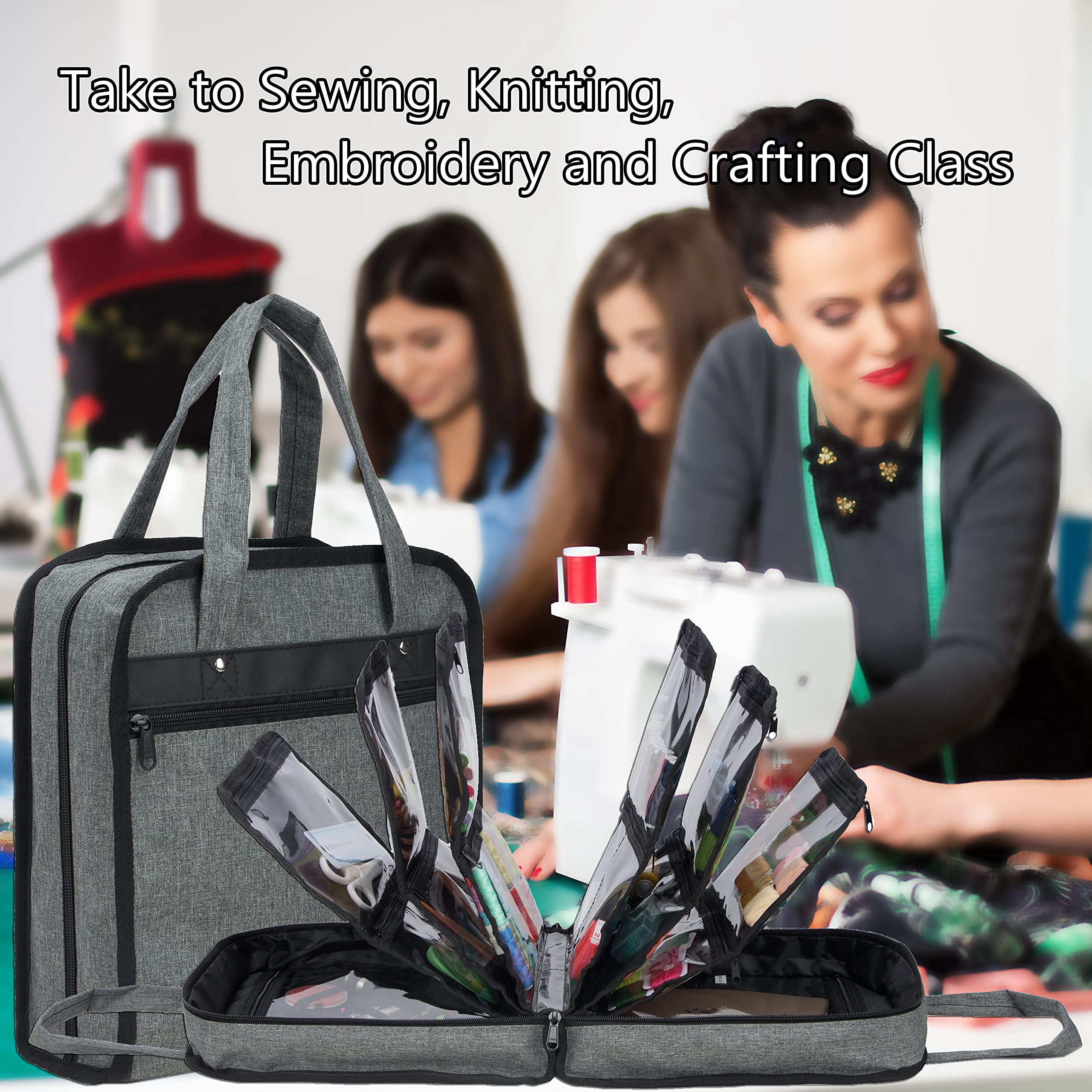 PACMAXI Sewing Accessories Storage Bag - Large Knitting & Craft Tools Organizer with Multiple Pockets - Portable Grey Carrying Case for Needles, Threads & Sewing Supplies | Perfect for Home DIY Projects & Travel Crafting