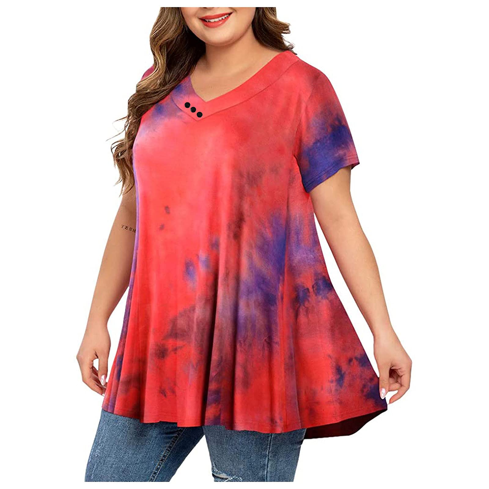 Women's Plus Size Summer T-Shirt - Short Sleeve Tie-Dye V-Neck Blouse with Pleated Hem & Flowy Fit | Casual Wear, Beach Outfits, Vacation Essentials