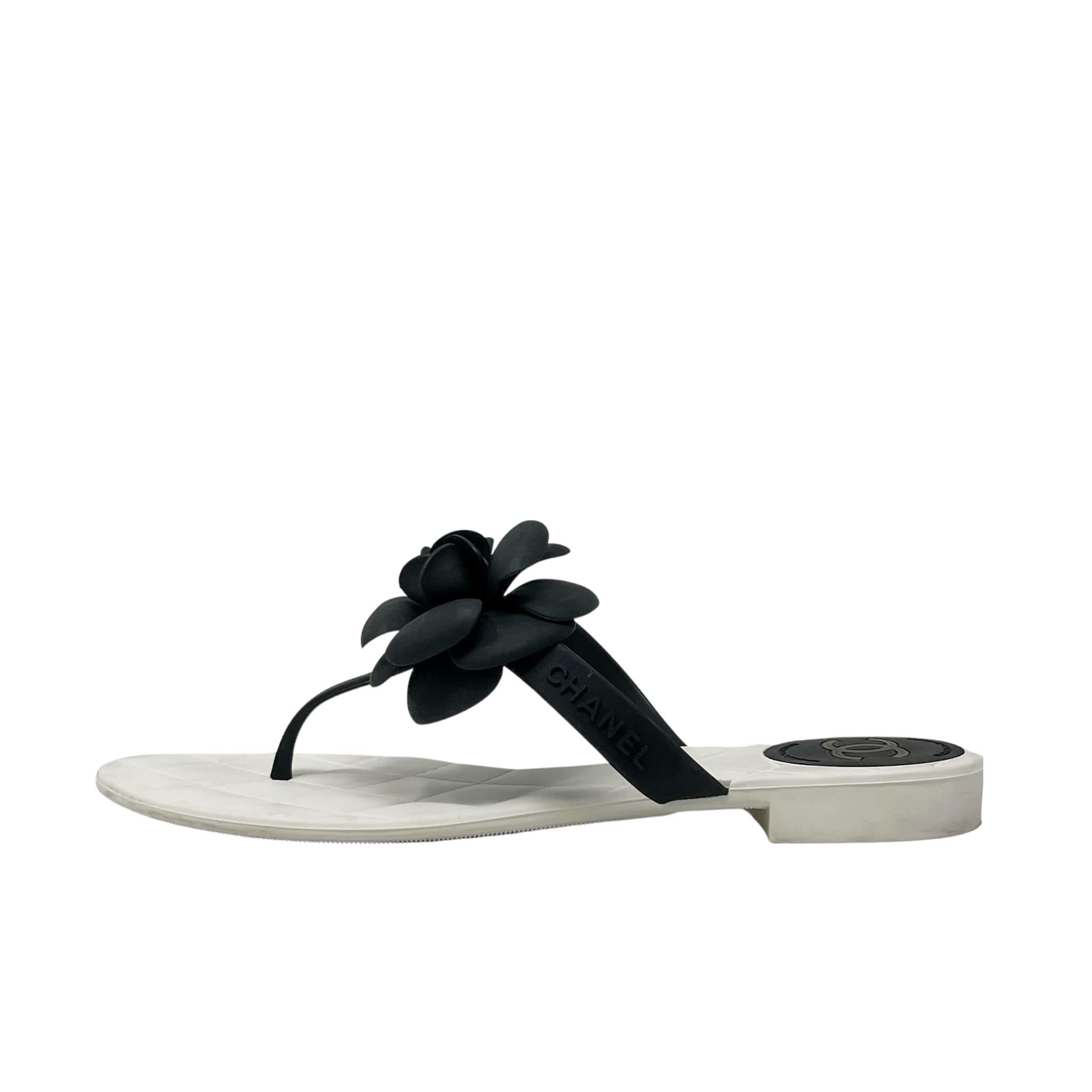 Chanel Black Camellia Rubber Sandals Size 38 - Women's Luxury Flip Flops for Beach, Pool & Summer Vacations