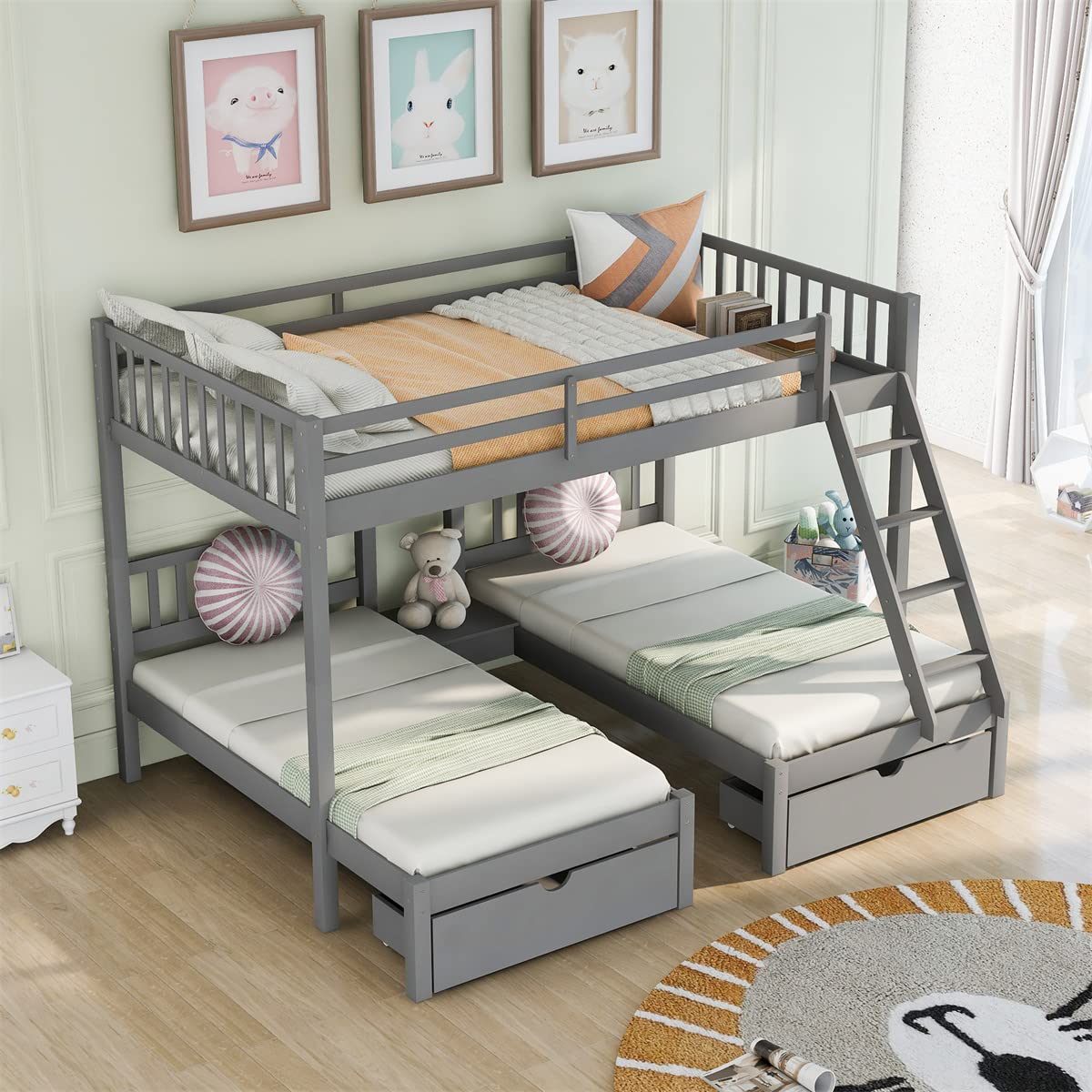 Gray Wood Triple Bunk Bed with Storage & Guardrails - Space-Saving Kids Bedroom Furniture for Siblings Sharing Rooms