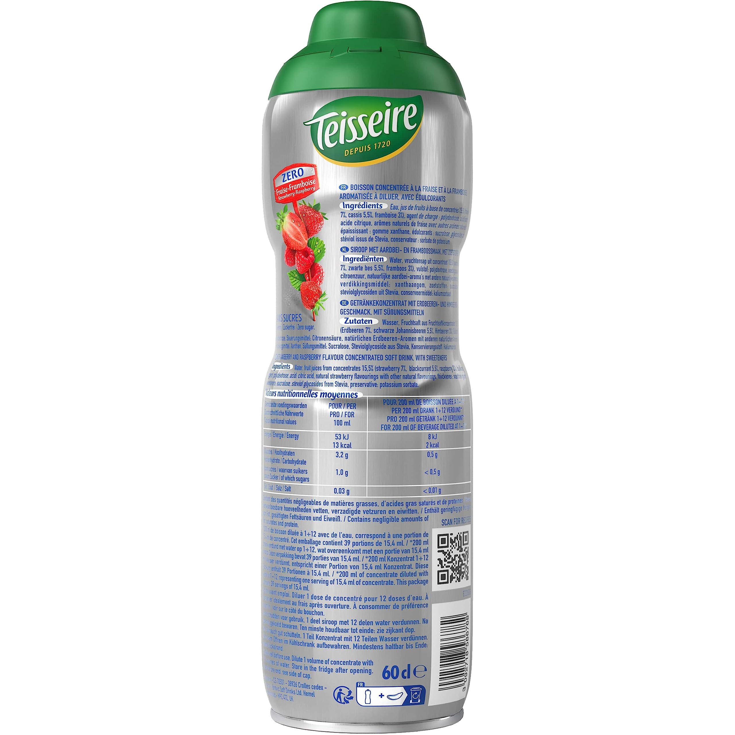 Teisseire Strawberry Raspberry Sugar-Free Syrup for Refreshing Drinks, 6x600ml - Perfect for Cocktails, Mocktails, Lemonades & Desserts