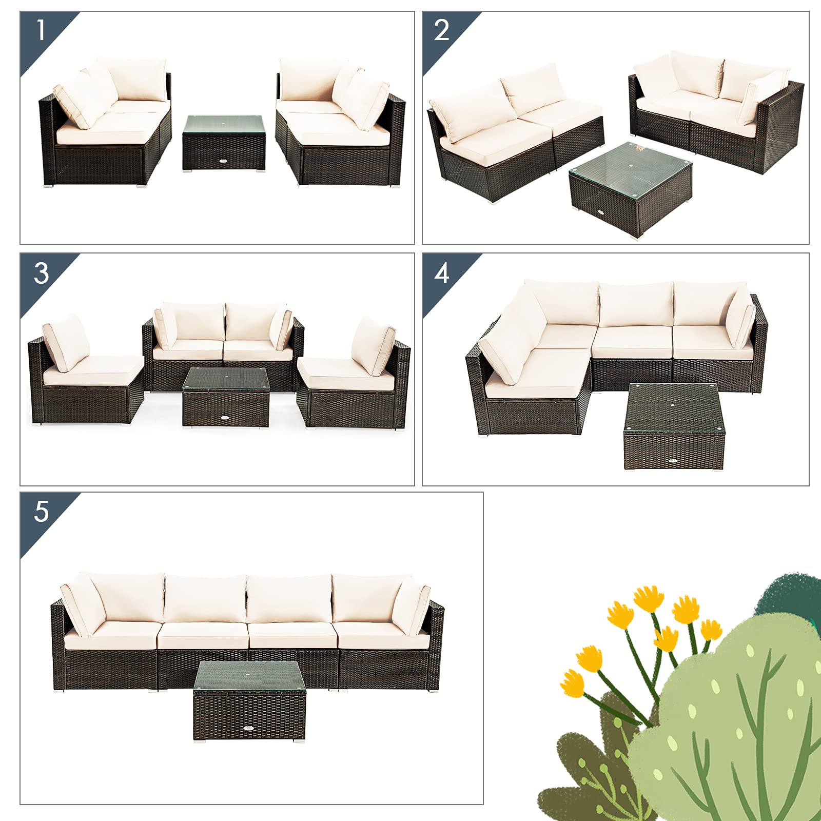 HAPPYGRILL 5-Piece Outdoor Patio Furniture Set - Rattan Wicker Sectional Sofa with Coffee Table & Cushions - Perfect for Backyard, Porch, Garden, and Poolside Relaxation