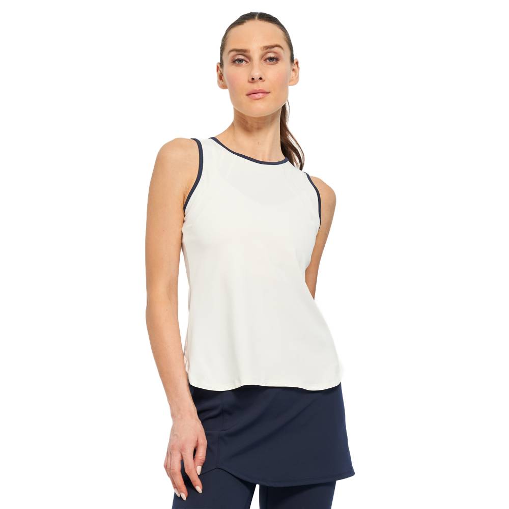 Lija Women's Elite Bea Tank Top - Breathable Workout Shirt for Yoga, Running & Gym - White/Dark Navy Athletic Wear for Active Lifestyles