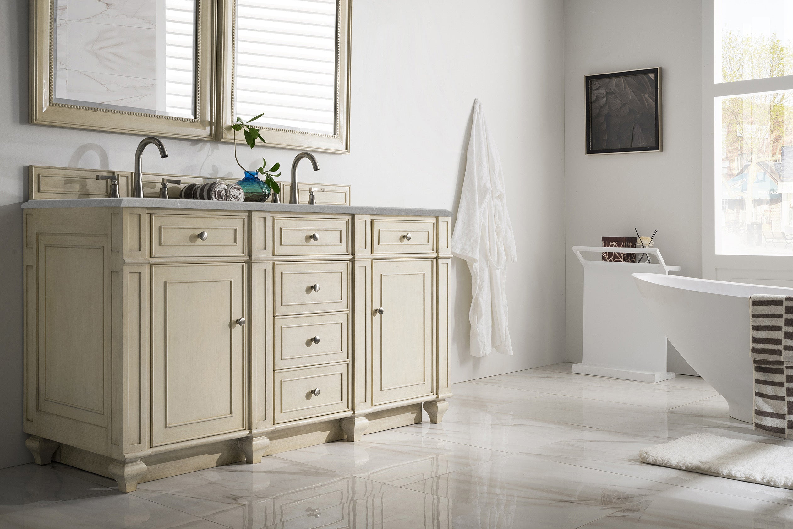 Bristol 60 Inch Double Bathroom Vanity in Vintage Vanilla with 3CM Eternal Serena Quartz Countertop - Perfect for Master Bathroom Renovation and Luxury Home Upgrade