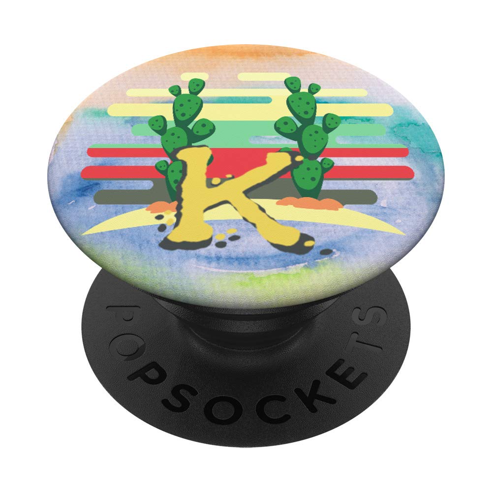 Gradient Watercolor Cactus Monogram Letter K PopSockets - Phone & Tablet Grip Stand | Perfect for Home, Office & Travel Accessories