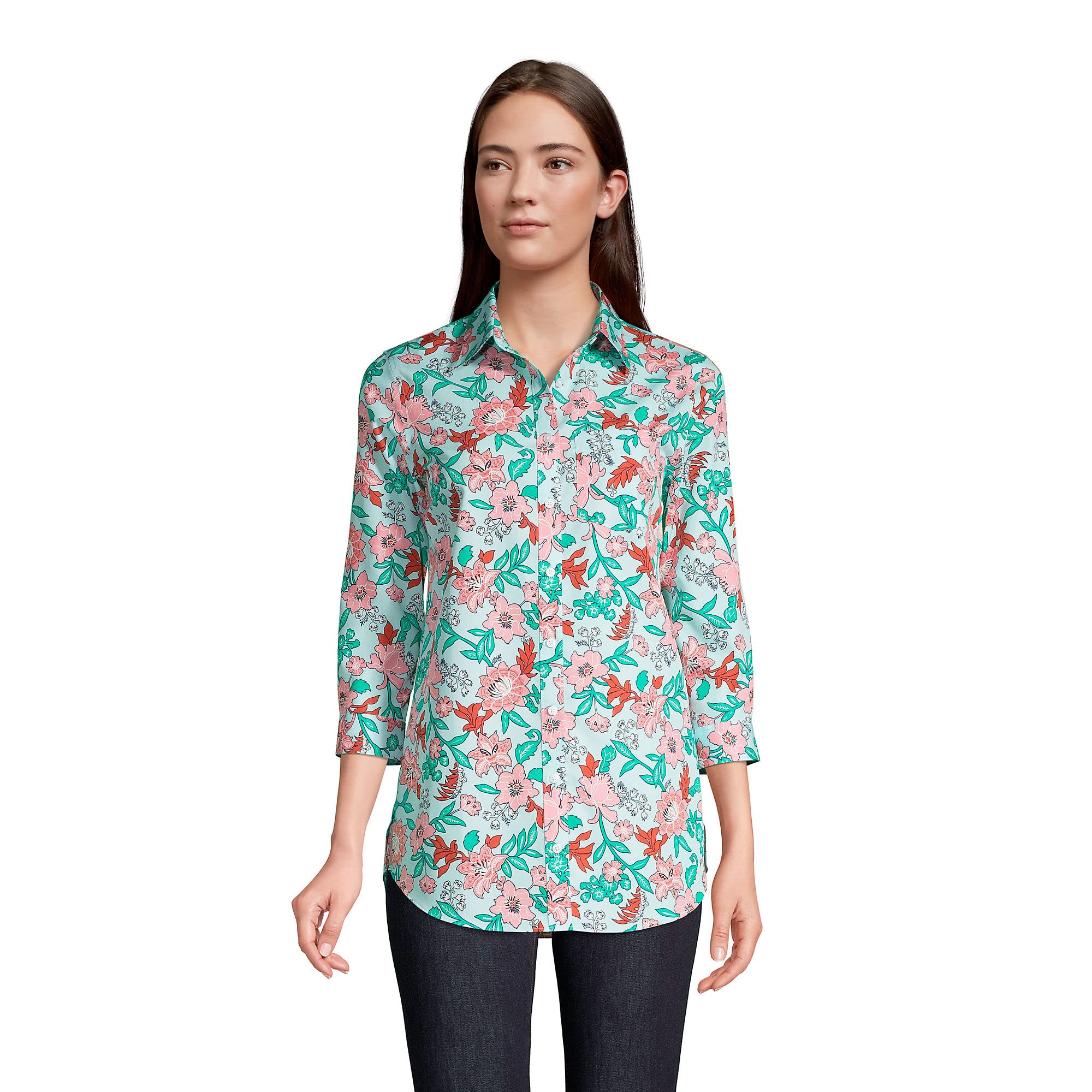 Lands' End Women's No Iron 3/4 Sleeve Tunic Top - Wrinkle-Free Casual Blouse for Work & Everyday Wear