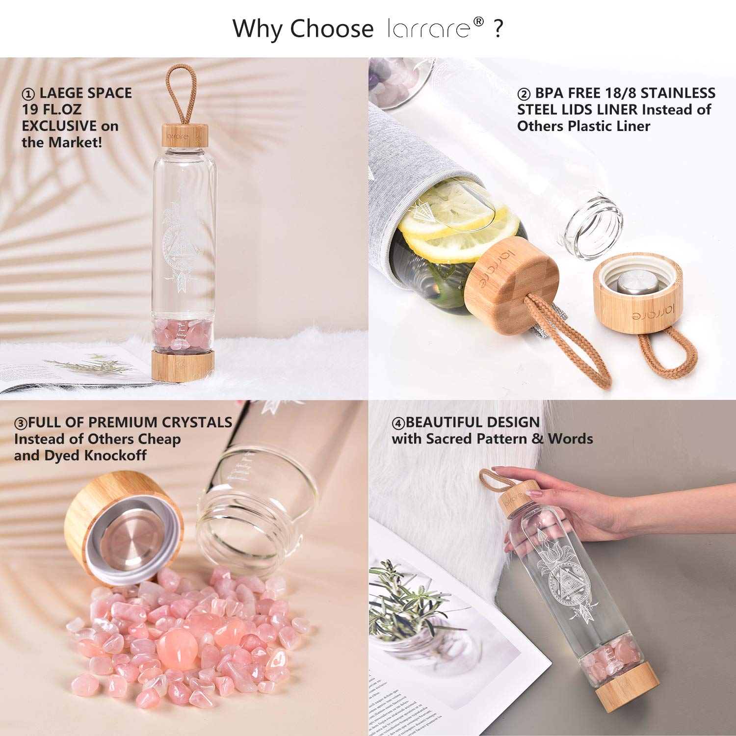 19oz Crystal Water Bottle with Gemstones - Rose Quartz for Energy & Hydration at Home/Office