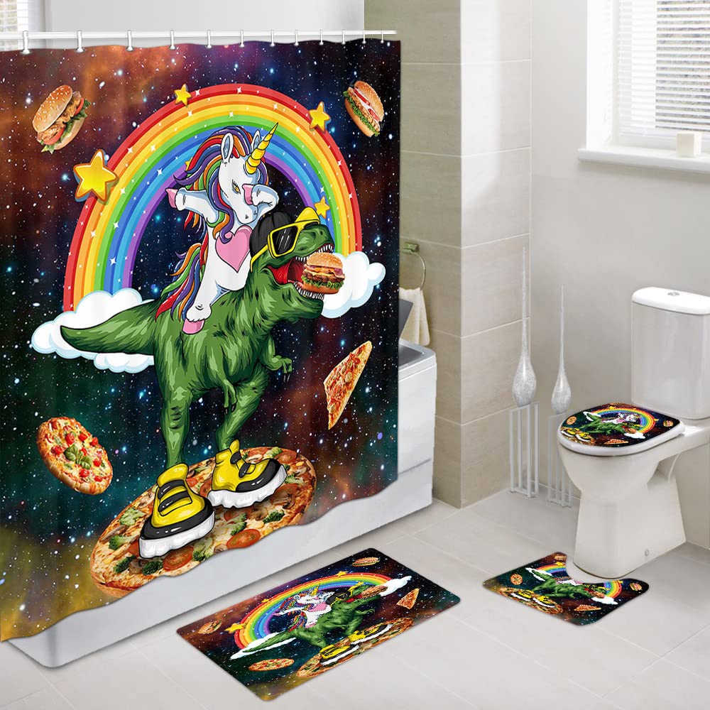 Non-Slip Unicorn Shower Curtain Set for Kids - Memory Foam Bath Mat, Funny Cartoon Rainbow Bathroom Decor with Hooks (69x70 Inches) - Perfect for Boys & Girls Bathroom, Nursery, and Kids' Restroom Accessories