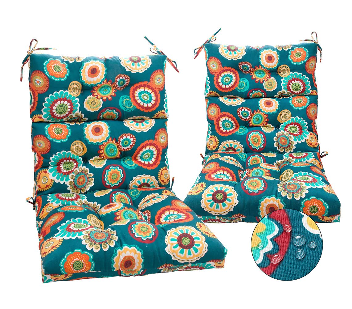 Premium Waterproof Tufted High Back Chair Cushion Set of 2 - All-Weather Indoor/Outdoor Deep Seating Cushions for Rocking Chairs, Patio Chaise Lounges & Sun Loungers (Heronsbill Turquoise Green) - Perfect for Backyard, Poolside & Garden Relaxation