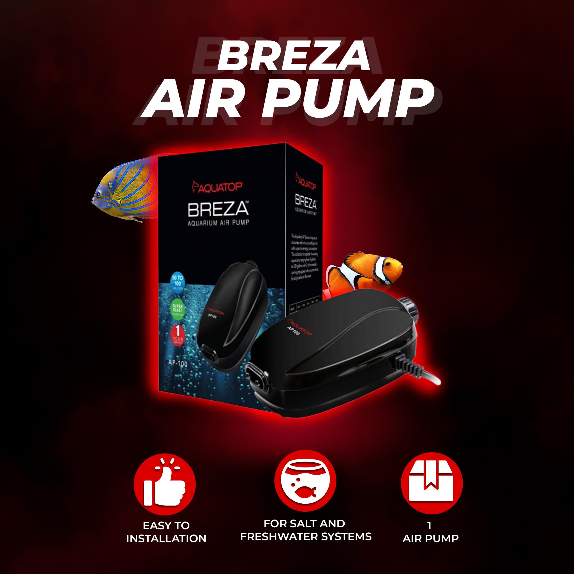 Aquatop Breza Aquarium Air Pump - Quiet Oxygen Pump for Fish Tank, 2.5W Energy Efficient - Perfect for Freshwater & Saltwater Aquariums, Fish Bowls, Hydroponics