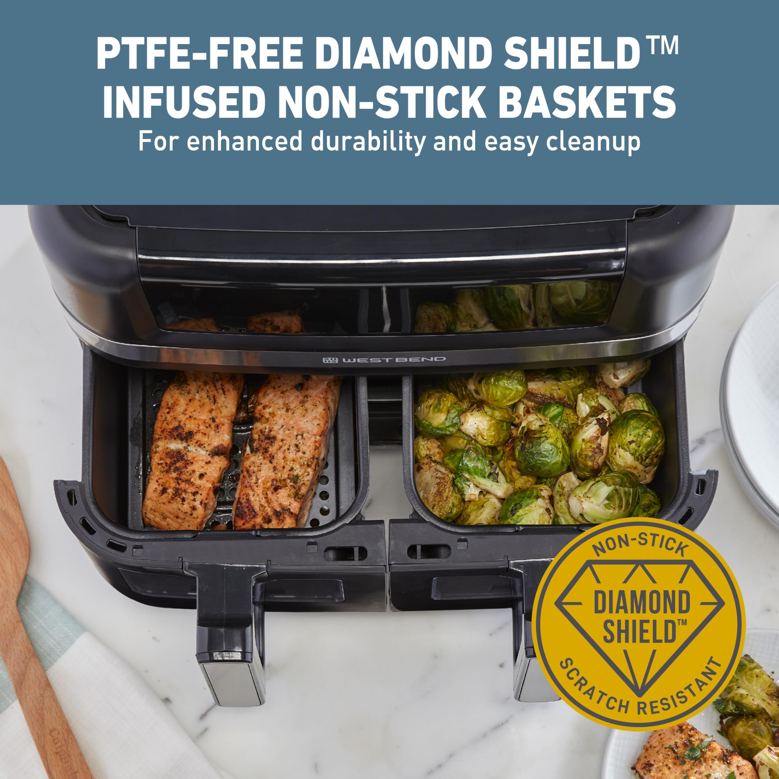 West Bend 10-Quart Dual Basket Air Fryer with Digital Controls, View Windows & 15 Presets - Nonstick Frying Baskets, Dual Zone Cooking, 1600W - Perfect for Family Meals, Healthy Snacks & Quick Weeknight Dinners - Black