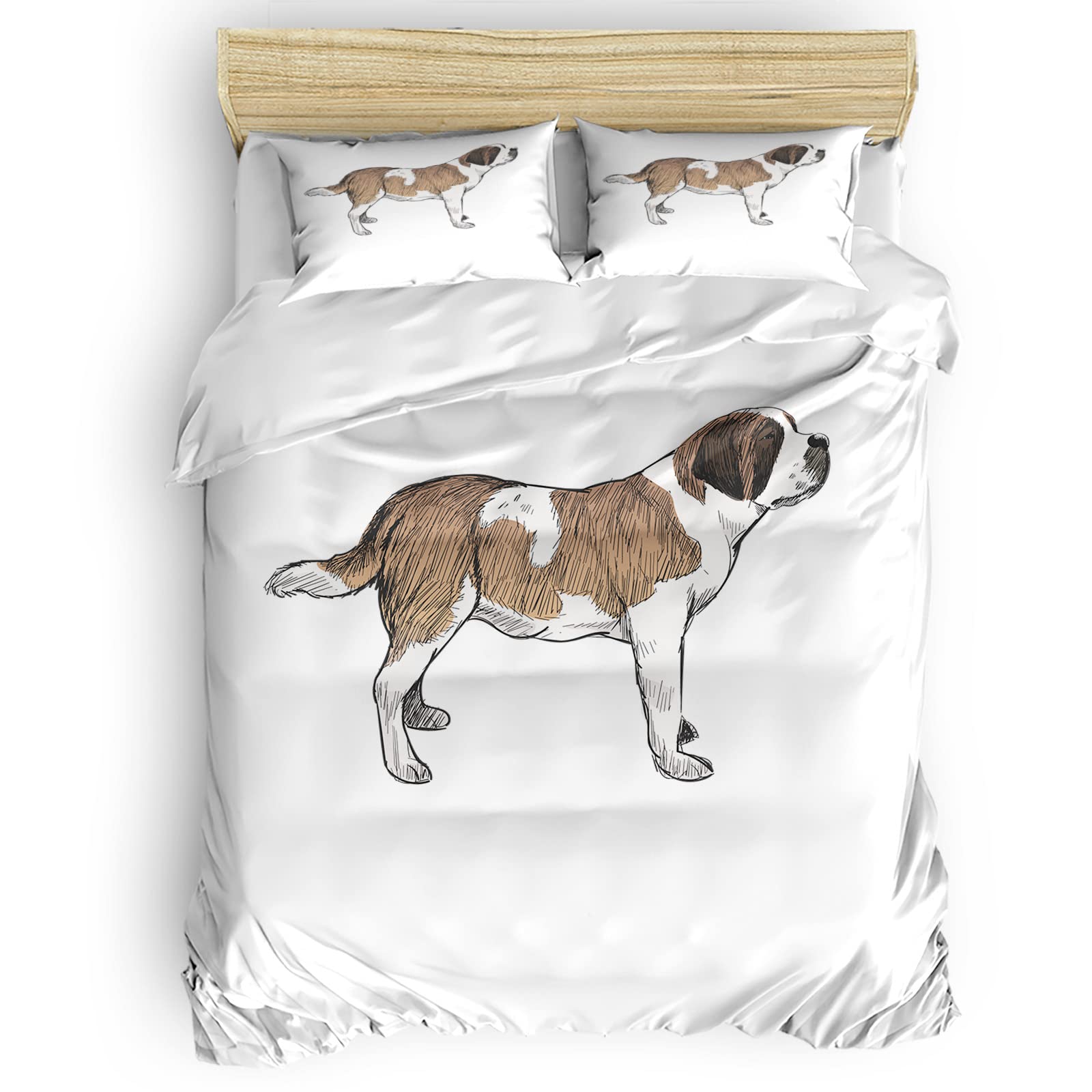 Comforance 4-Piece King Size Duvet Cover Set with Zipper Closure - Breathable Polyester Bedding Set Includes Decorative Pillow Shams & Fitted Sheet - Saint Bernard Dog Pattern for Cozy Bedroom Decor | Perfect for Pet Lovers' Master Bedroom or Guest Room