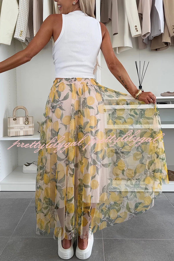 Summer Lemon Print Elastic Waist Tulle Midi Skirt for Women - Flowy A-Line Party Dress for Beach Vacation, Garden Wedding & Casual Outings