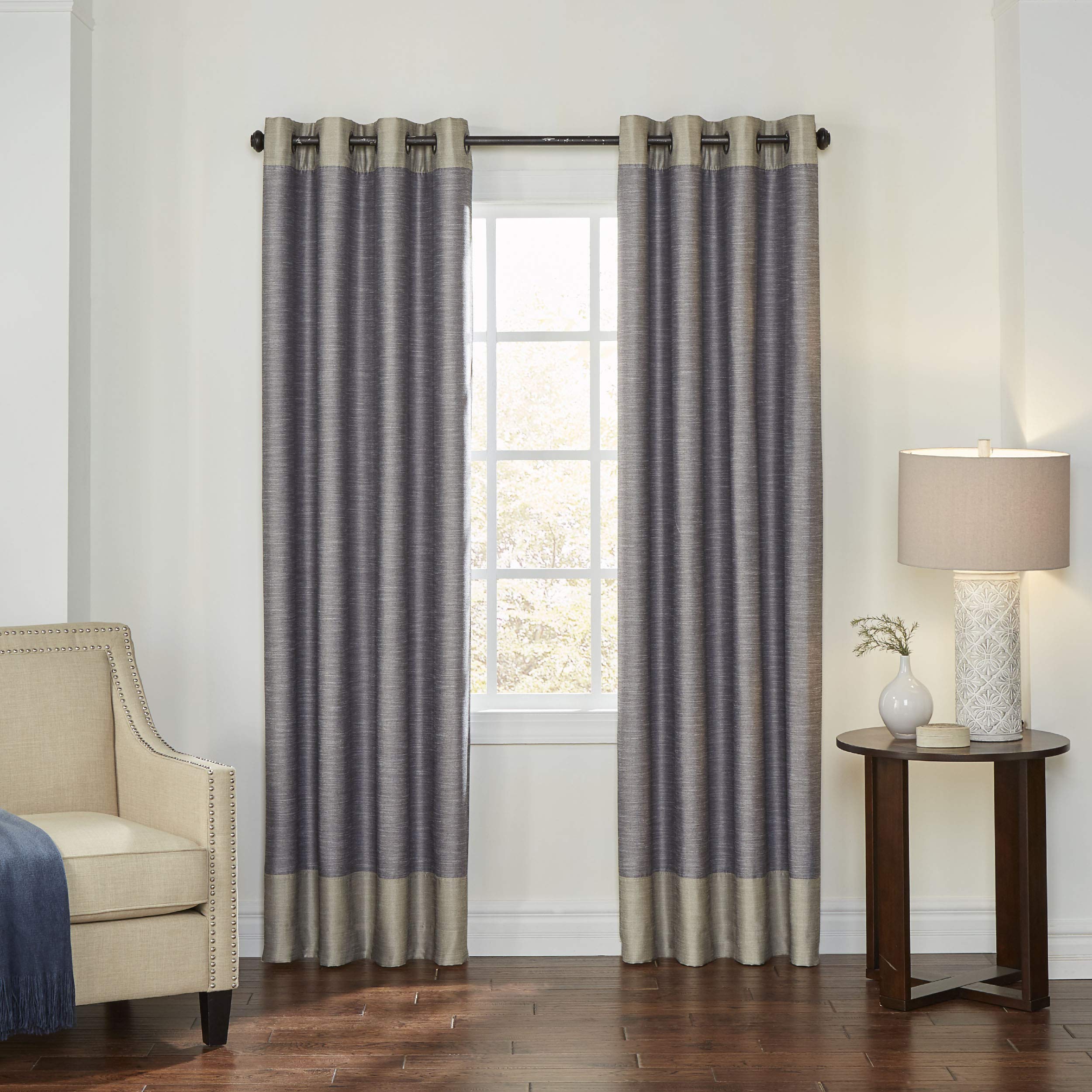 Eclipse Monty Grommet Top Blackout Curtains for Bedroom - Single Panel 50x63 Inches, Ivory & Charcoal - Thermal Insulated Window Drapes for Privacy, Light Blocking & Energy Saving