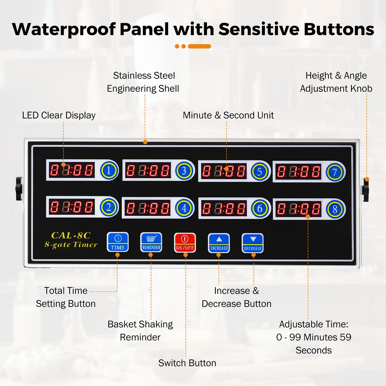 BEAMNOVA 8-Channel Digital Kitchen Timer with Loud Alarm - Stainless Steel Commercial Cooking Timer for Restaurants, Bakeries & Home Use - Adjustable Volume for Cooking, Baking, Frying & Meal Prep