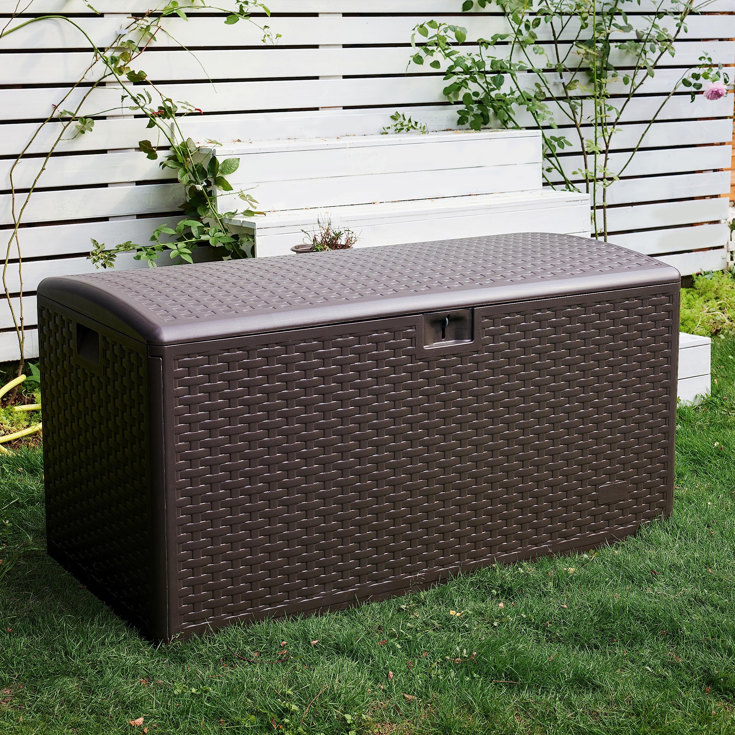 Amazon Basics 99 Gallon Outdoor Patio Storage Deck Box - Waterproof & Weather-resistant Deck Box for Patio Furniture Cushions, Garden Tools, Pool Accessories - Perfect for Backyard, Deck, and Poolside Storage (Brown)