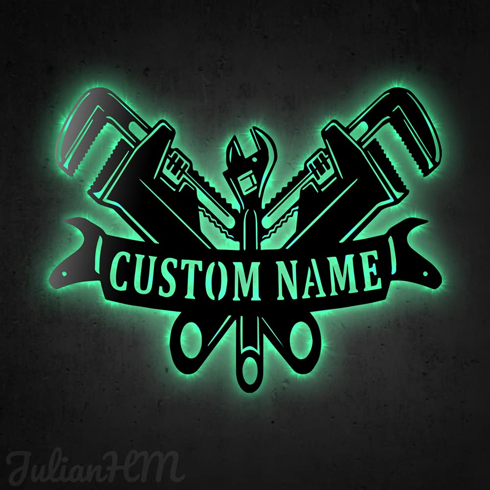 Custom LED Monogram Plumber Metal Sign - Personalized Plumber Gift for Men - 14x14 Inch Wall Art with Lights - Perfect for Workshop, Garage & Man Cave Decor