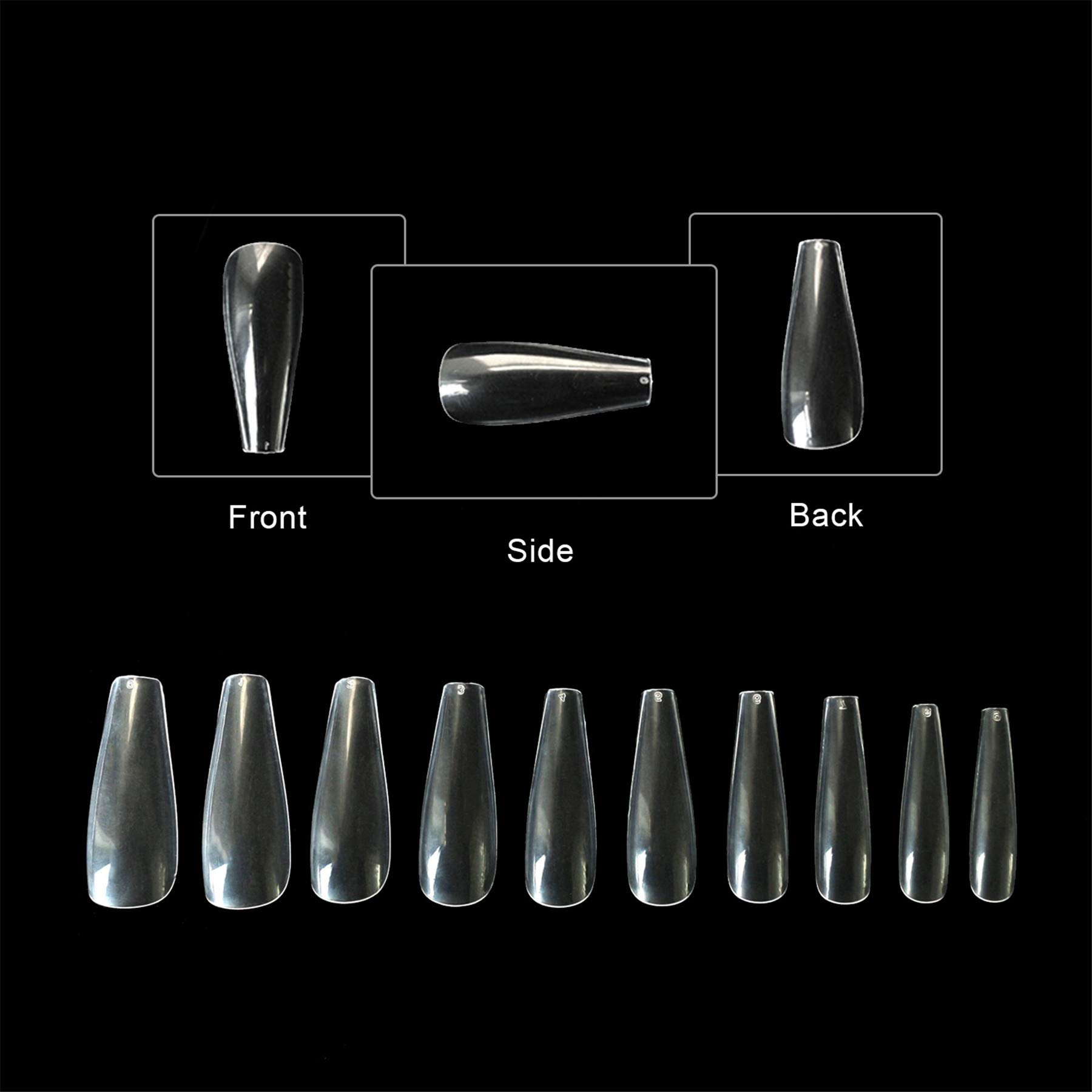 500pcs Clear Acrylic Ballerina Fake Nails - Full Coverage Coffin Artificial Nail Tips Extensions in 10 Sizes by VIVID STELLA | Perfect for Salon, Home Manicures, Parties & Special Occasions