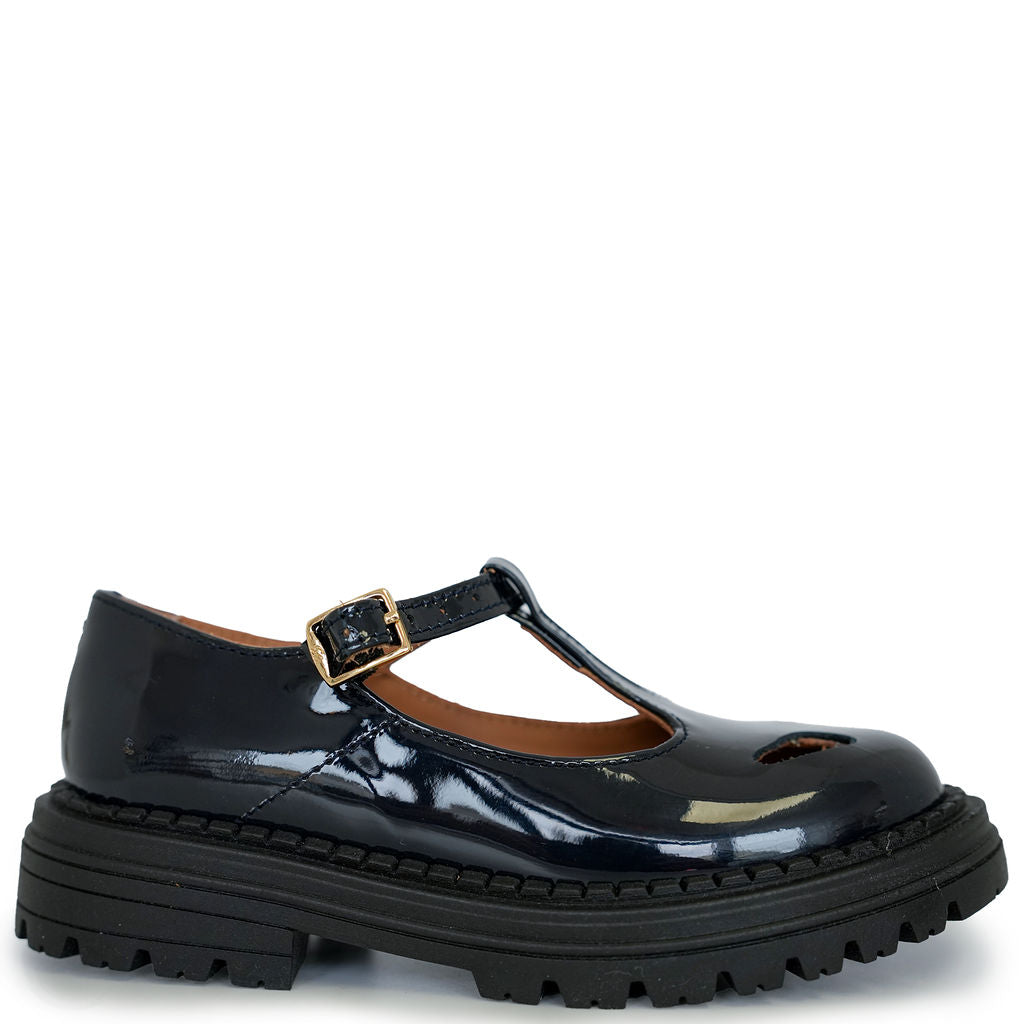 Navy Blue Patent Leather T-Strap Sandals for Women - Comfortable & Stylish Shoes for Casual Outings, Parties, and Summer Wear