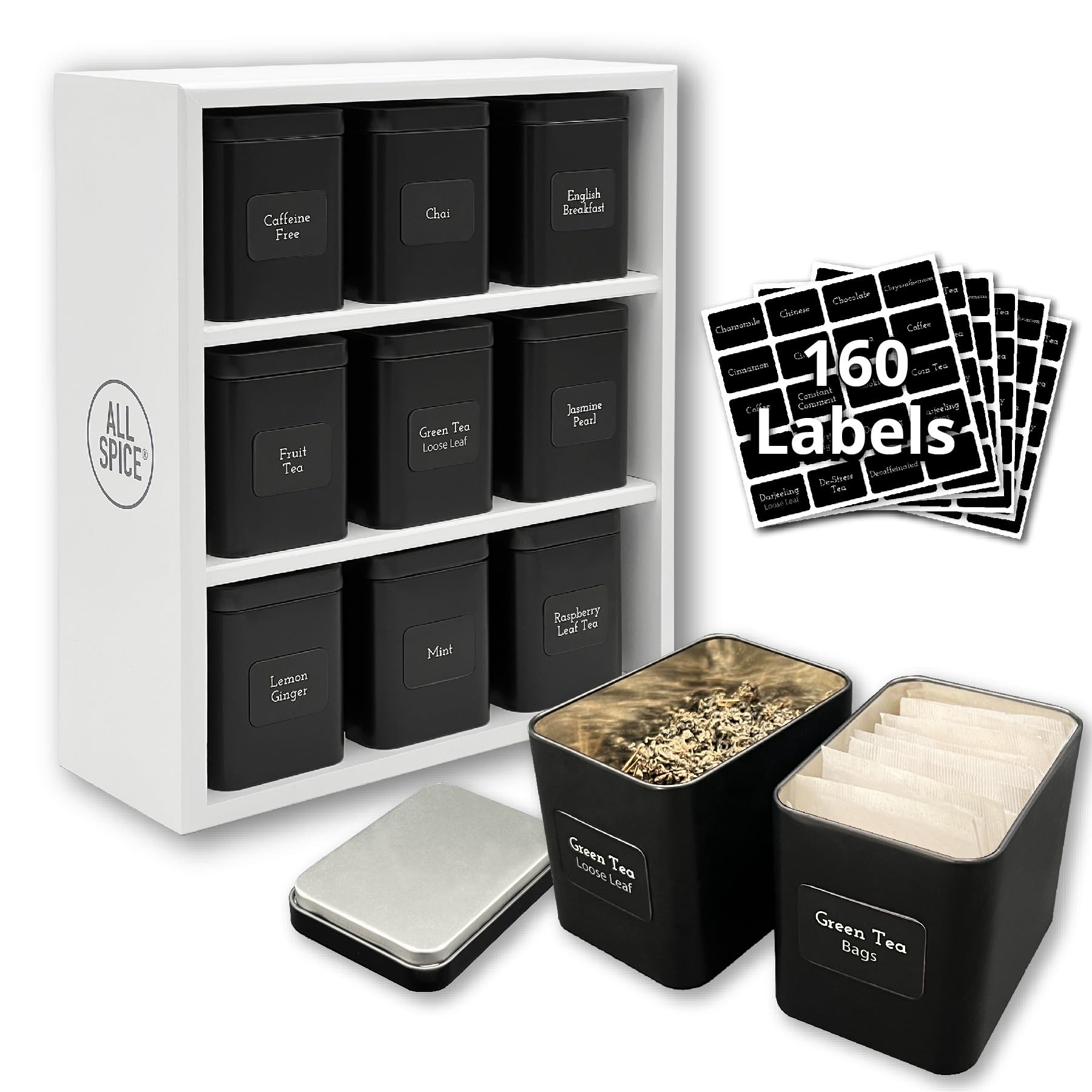 Premium AllSpice Tea Organizer Rack with 9 Airtight Tins & 160 Magnetic Labels – Perfect for Bagged & Loose Leaf Tea Storage – White – Ideal for Kitchen Countertops, Pantry Organization & Tea Lover Gifts