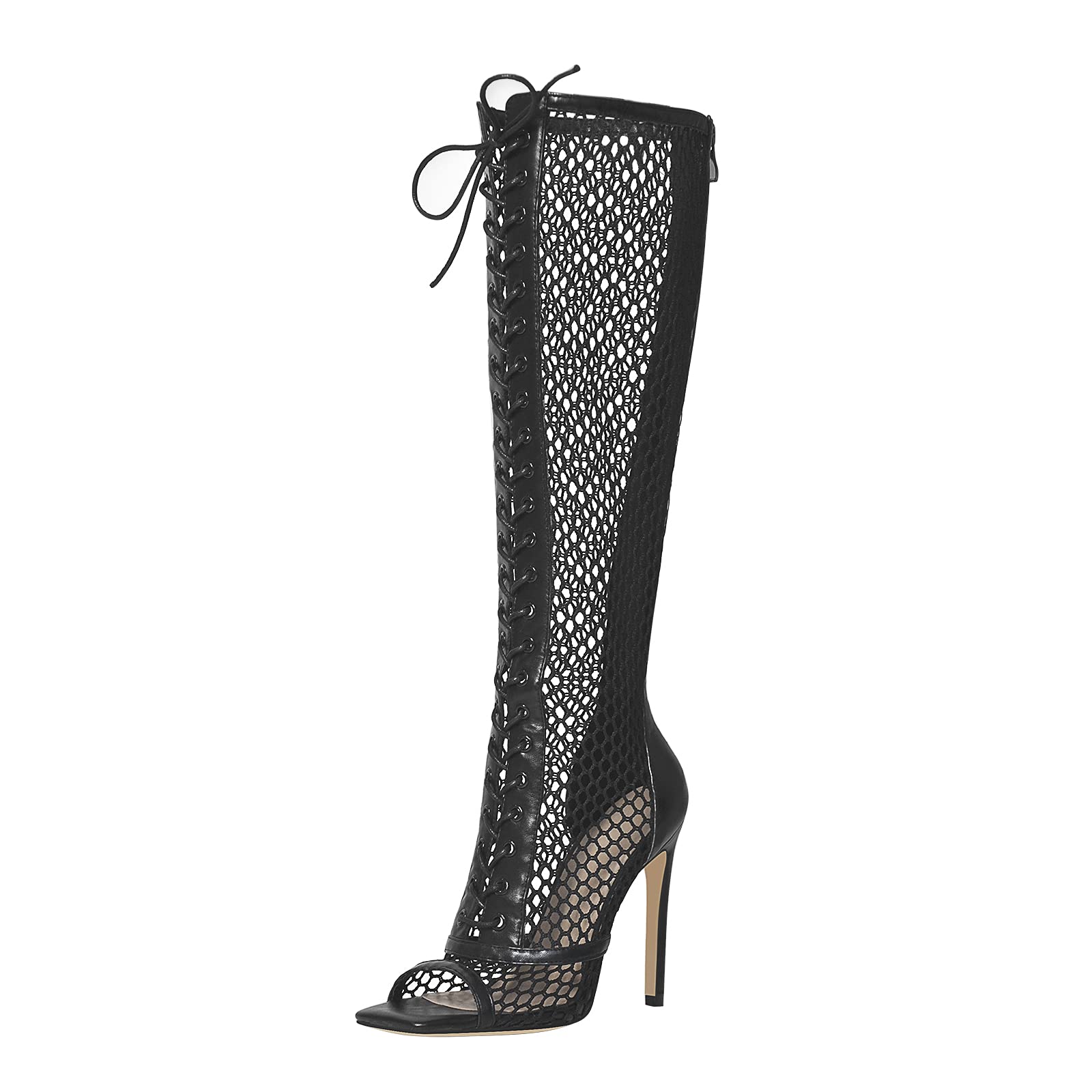 LISHAN Women's Square Peep Toe Stiletto Heel Over The Knee High Boots - Lace Up Back Zipper Long Boots for Women - Sexy Party, Nightclub & Evening Outfits
