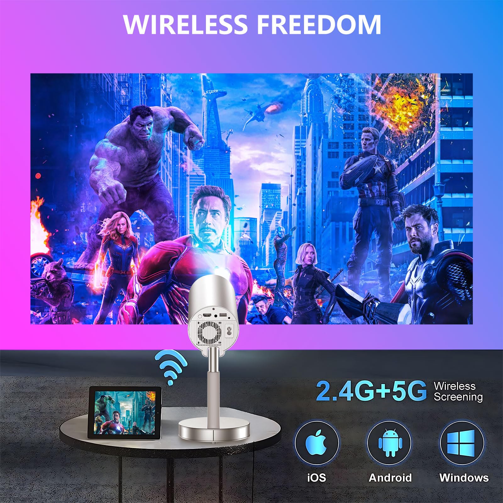 Unitedtime Mini Projector with WiFi & Bluetooth - 1080P 4K HD Portable Projector, 90° Adjustable Stand, HDMI/USB/PC/TV Box Compatibility (Rose Gold) - Perfect for Home Theater, Outdoor Movies & Office Presentations