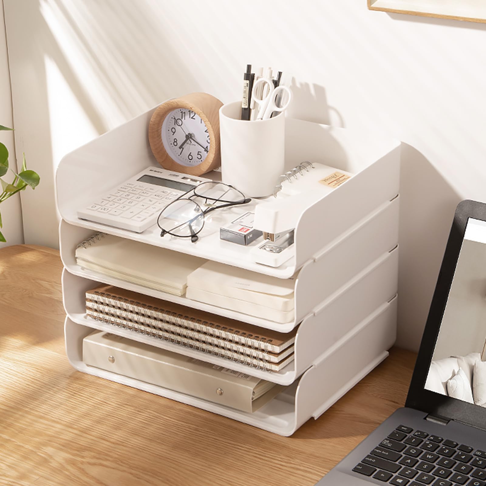 Stackable Desk Organizer - 4-Tier White Paper Letter Tray for Office, Desktop File Holder, Book Storage Rack | Perfect for Home Office, School, and Workspace Organization