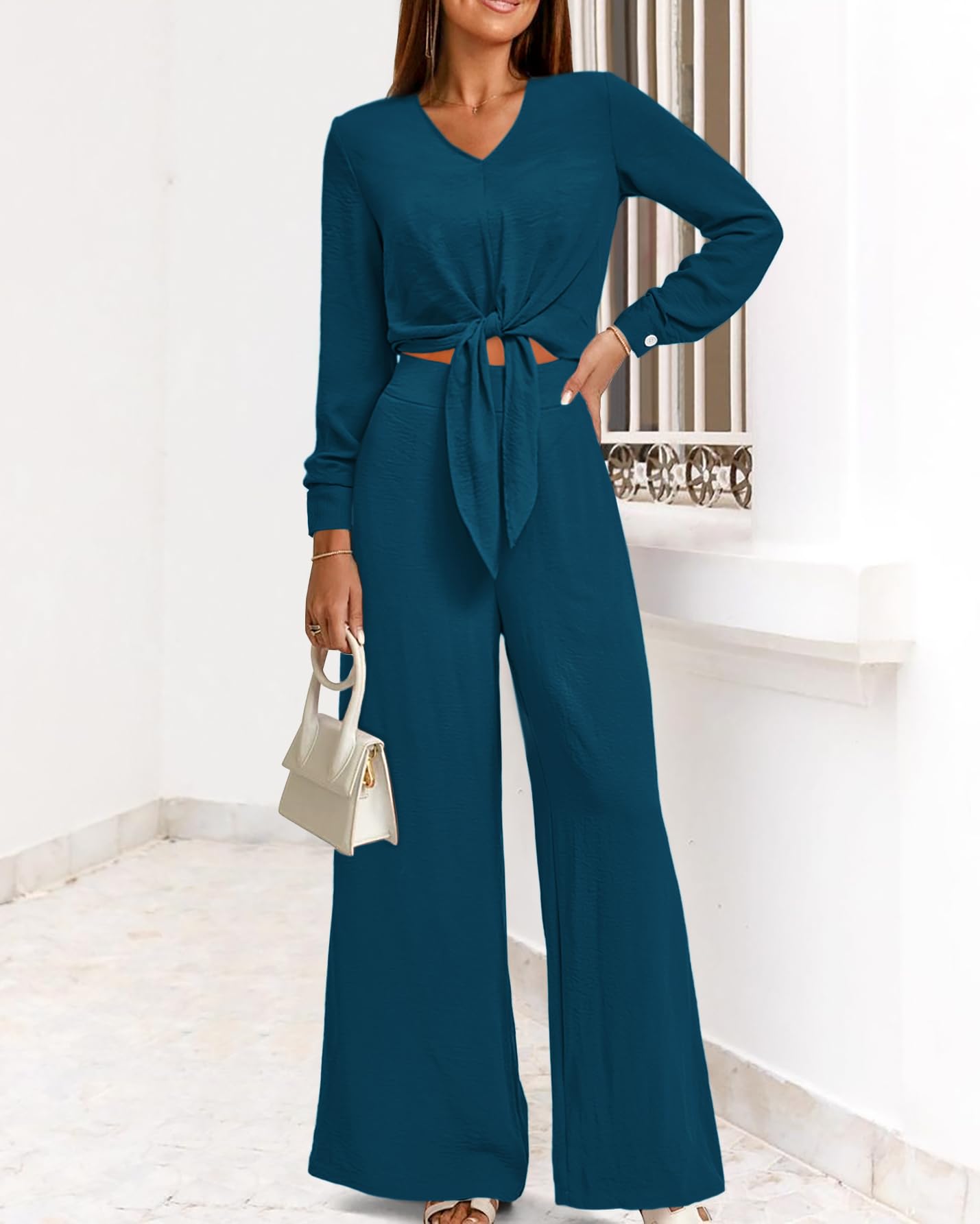 PRETTYGARDEN Women's 2 Piece Outfit Set - 2025 Spring Casual V Neck Long Sleeve Strappy Crop Top with Wide Leg Palazzo Pants | Lounge Wear, Street Fashion, Office Outfit
