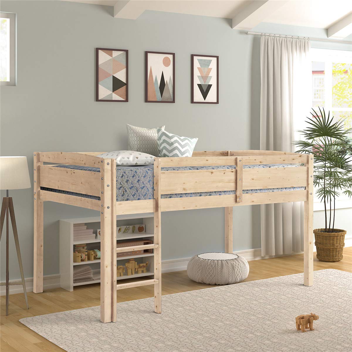 **Natural Wood Twin Loft Bed for Kids with Ladder & Guard Rail – Sturdy Low Loft Bed Frame, No Box Spring Needed – Perfect for Small Bedrooms, Dorms & Space-Saving Kids' Rooms**