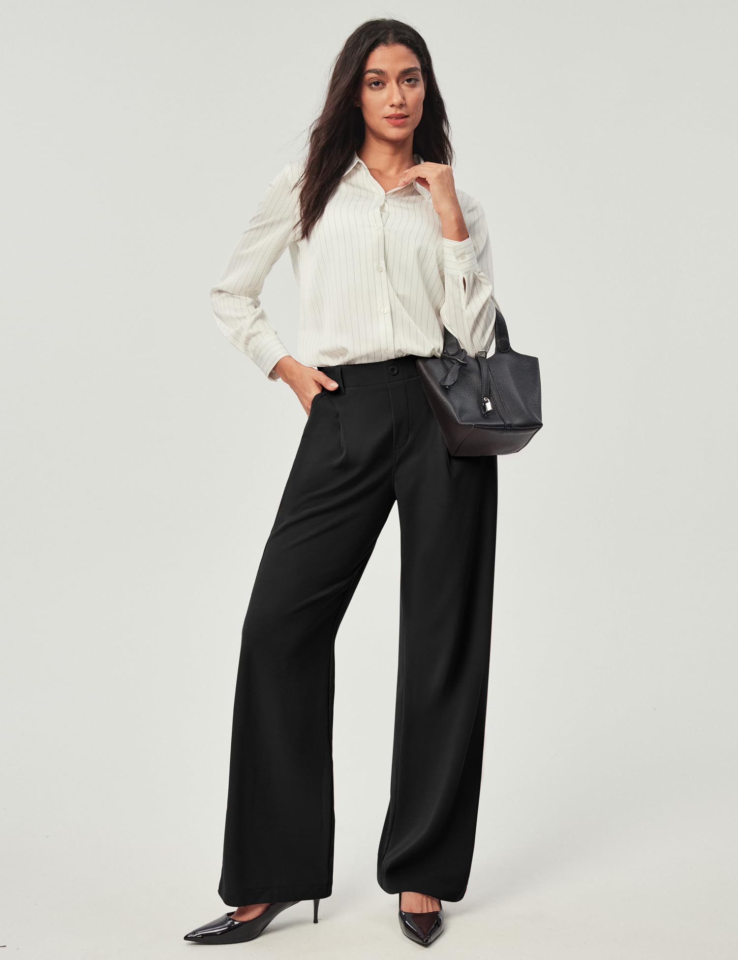 Ewedoos Women's Wide Leg Stretchy Work Pants - High Waisted Business Casual Slacks with Waffle Texture (26''/28'' Inseam) - Perfect for Office Wear, Business Meetings & Professional Outfits