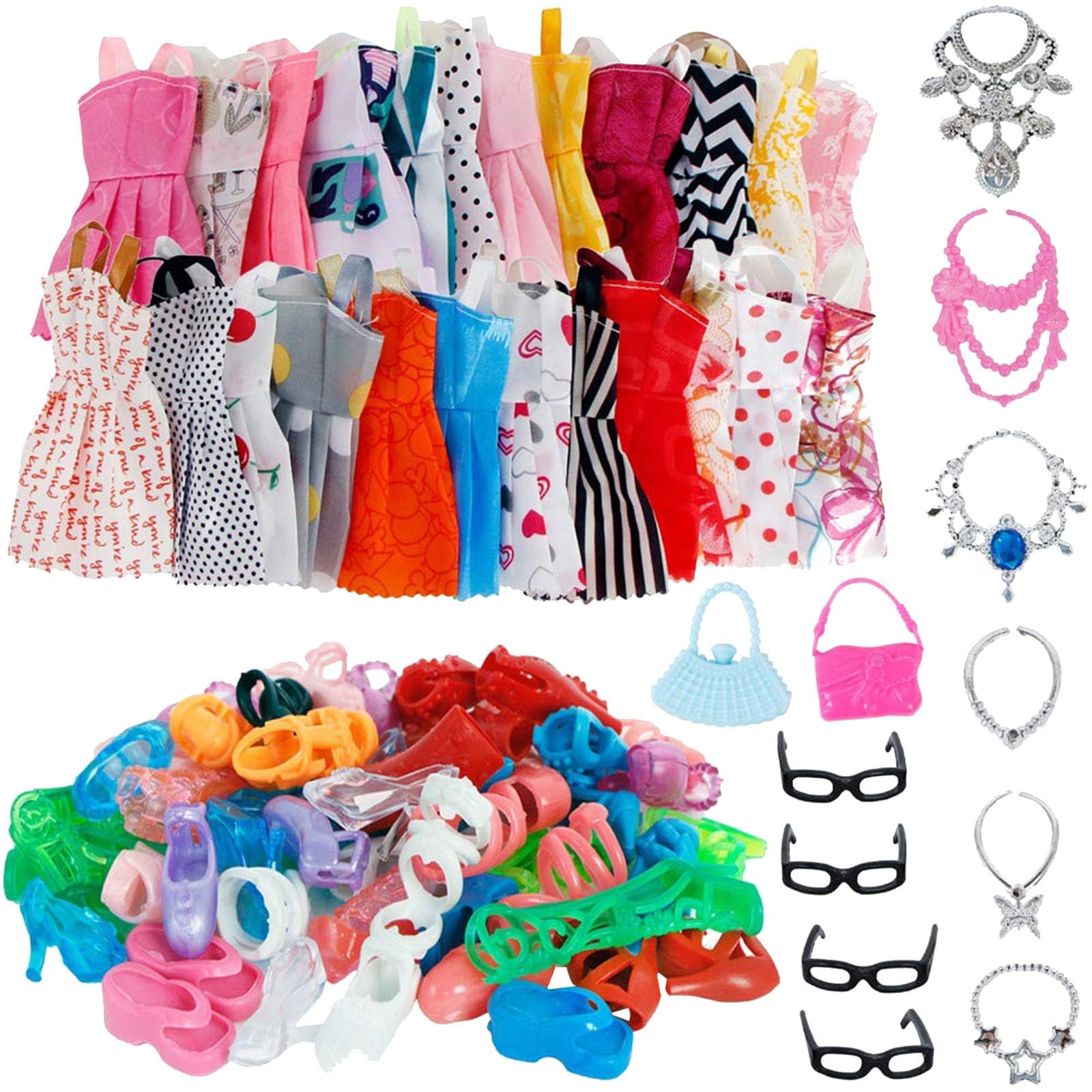 32-Piece Doll's Clothing & Accessories Set - Cute Dresses, Glasses, Necklaces, Handbags & Shoes | Perfect for Dress-Up Play, Collecting & DIY Fashion Shows
