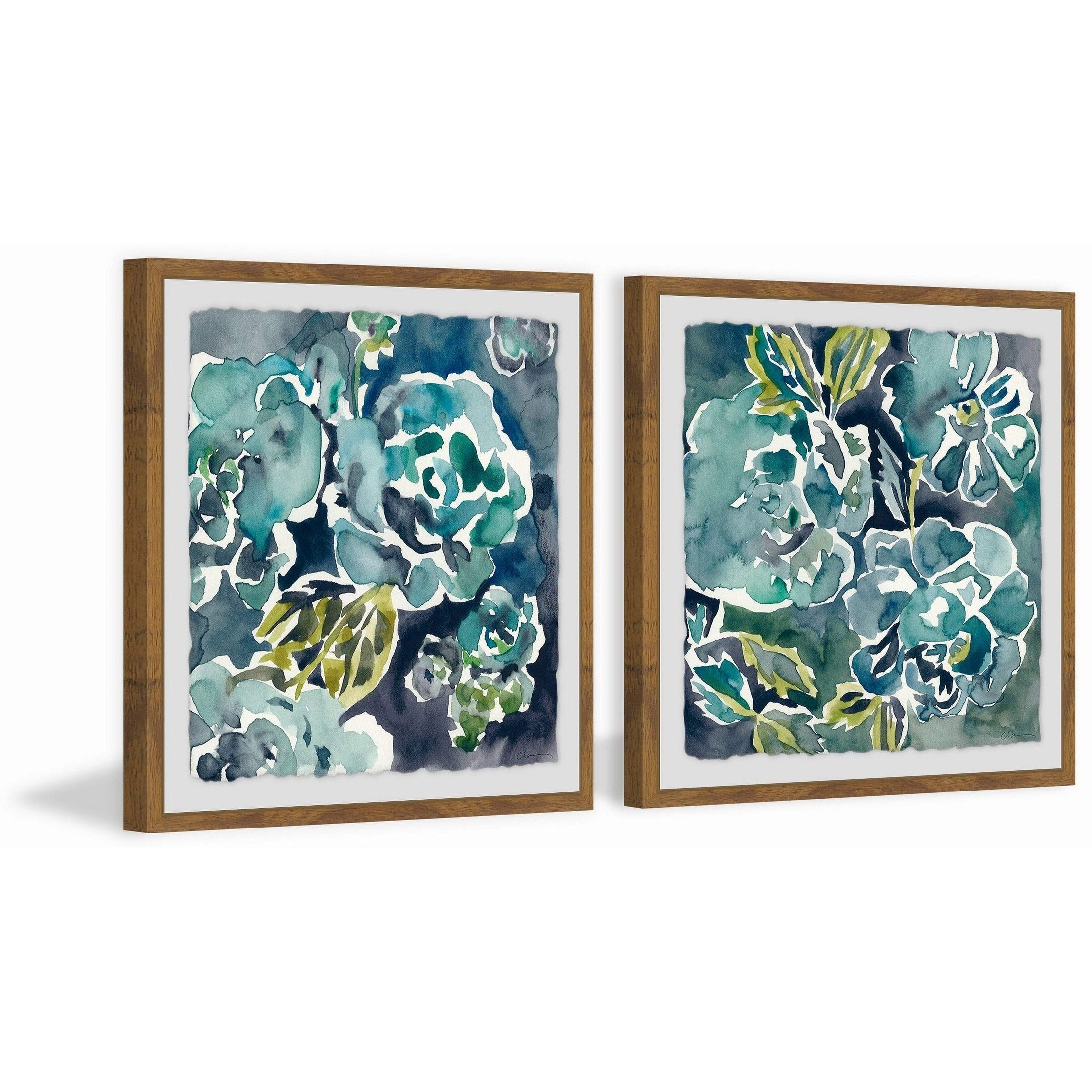 Handmade Turquoise Rose Diptych Wall Art - 48x24 Inch Multi-Color Canvas Painting for Living Room & Bedroom Decor - Marmont Hill