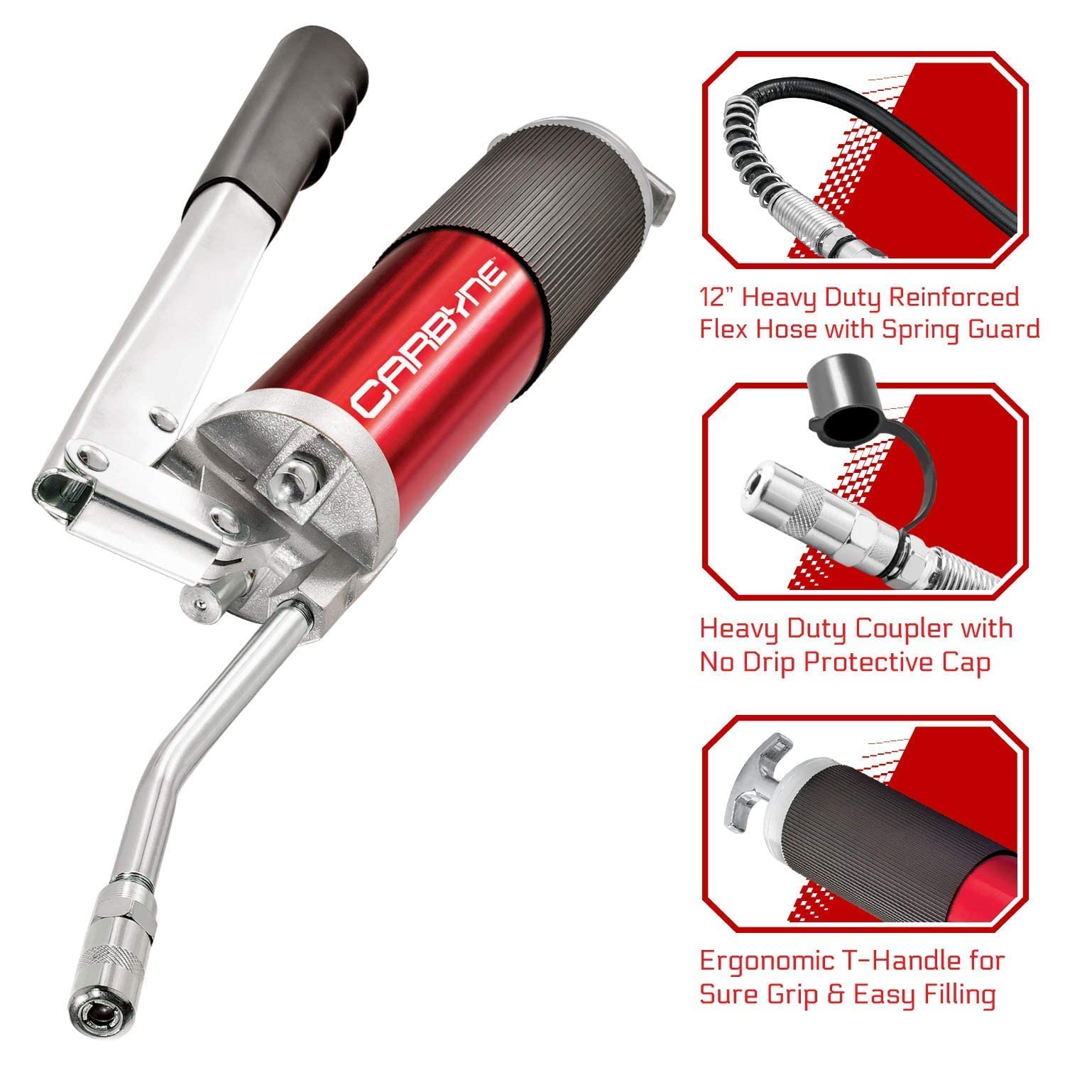 Carbyne Lever Handle Grease Gun with 12-Piece Accessory Kit - Heavy Duty Lubrication Tool for Automotive, Industrial & Farm Equipment Maintenance